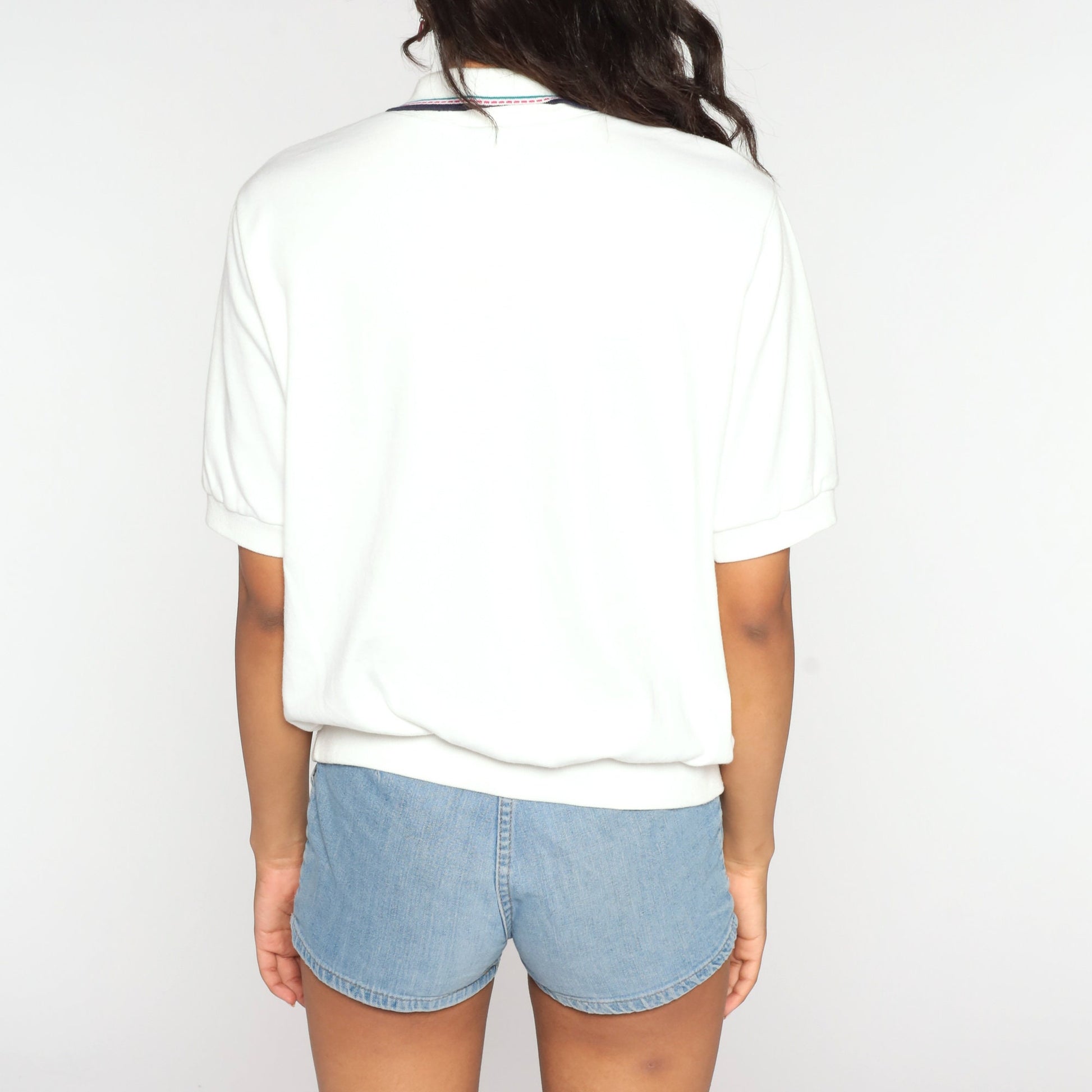 80s Alfred Dunner Picnic Blouse White Novelty Print Short Sleeve Large