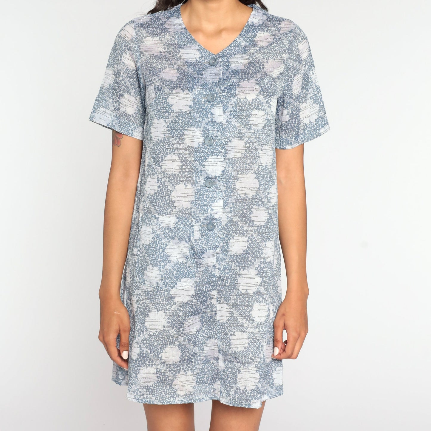 70s Mod Mini Shift Dress Cloud Print Button-Up Grey Medium