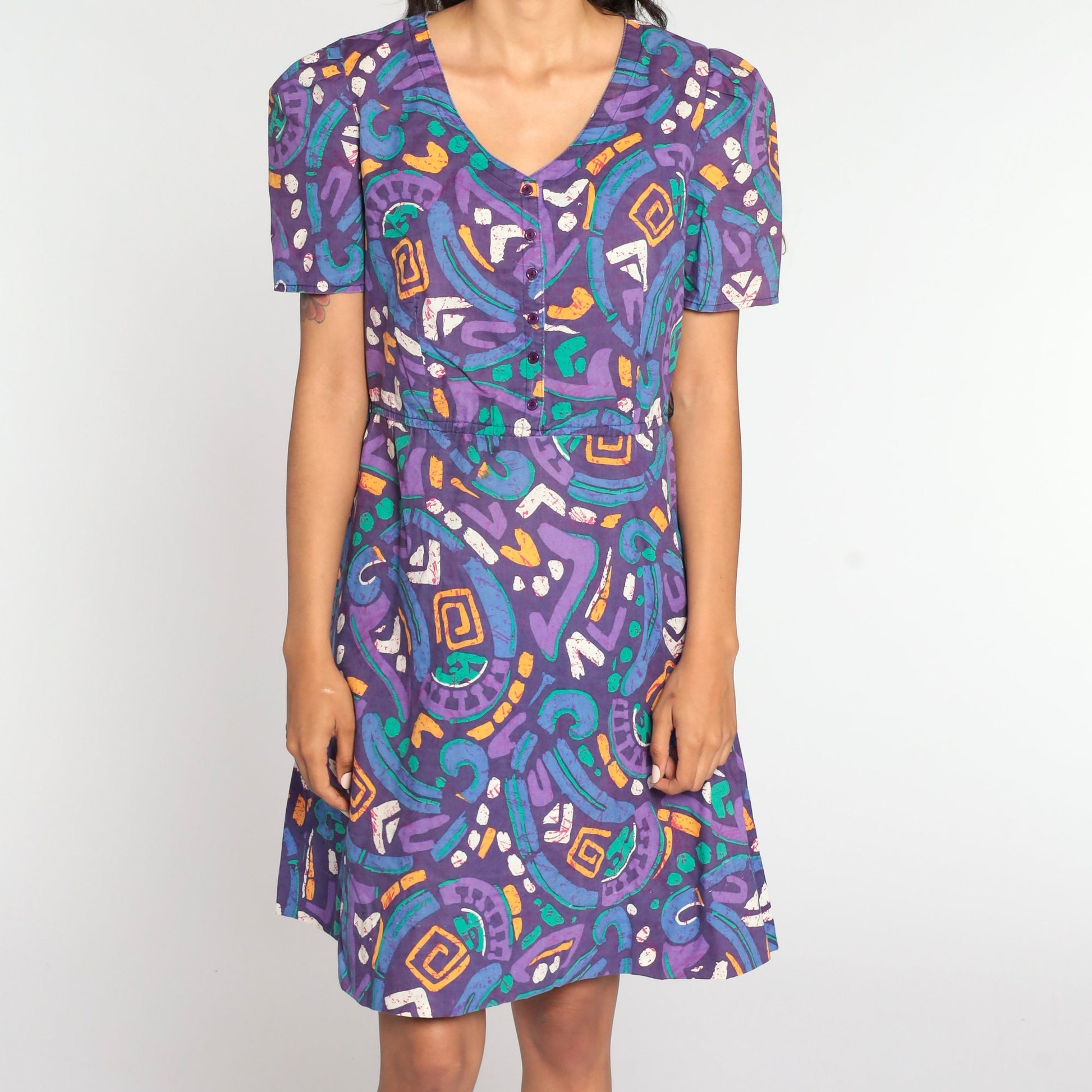 80s Tabby of California Purple Geometric Mini Dress Puff Sleeve Button Up Small