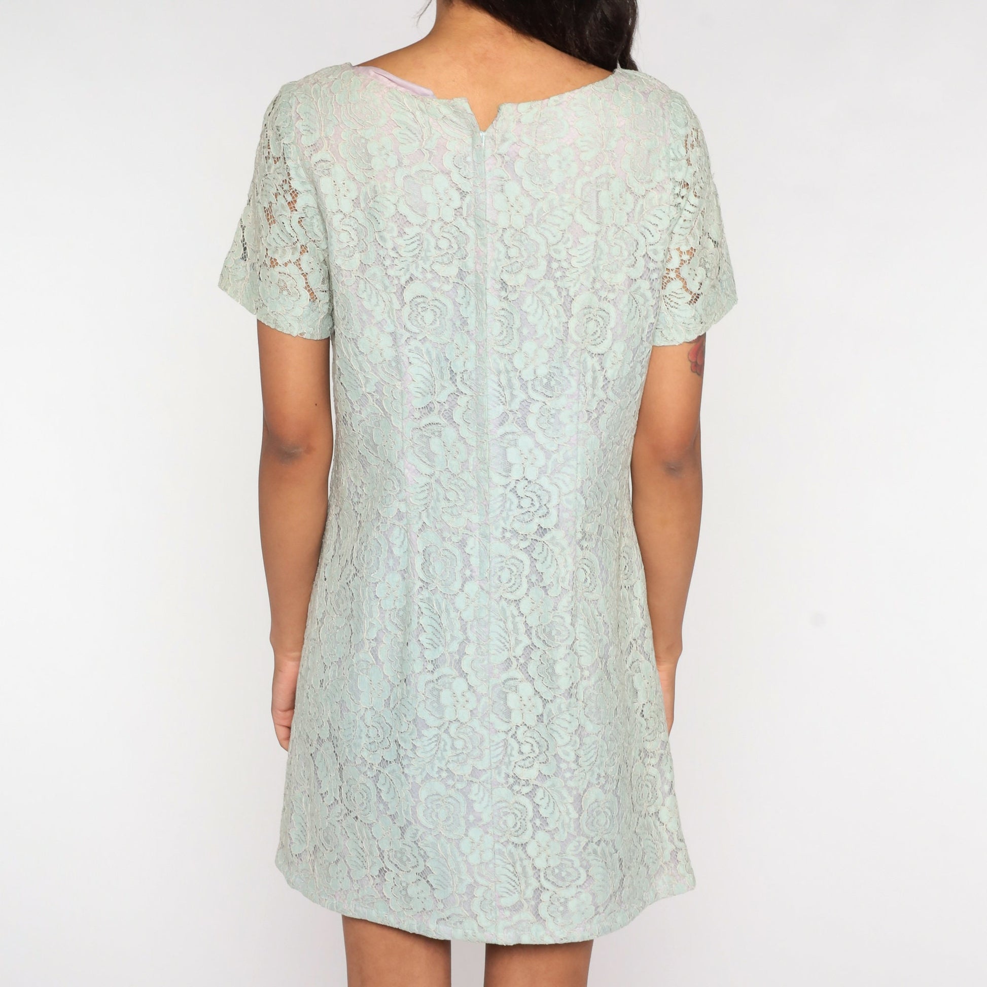 60s Baby Blue Lace Mini Dress Mod Shift Sheer Sleeve Medium