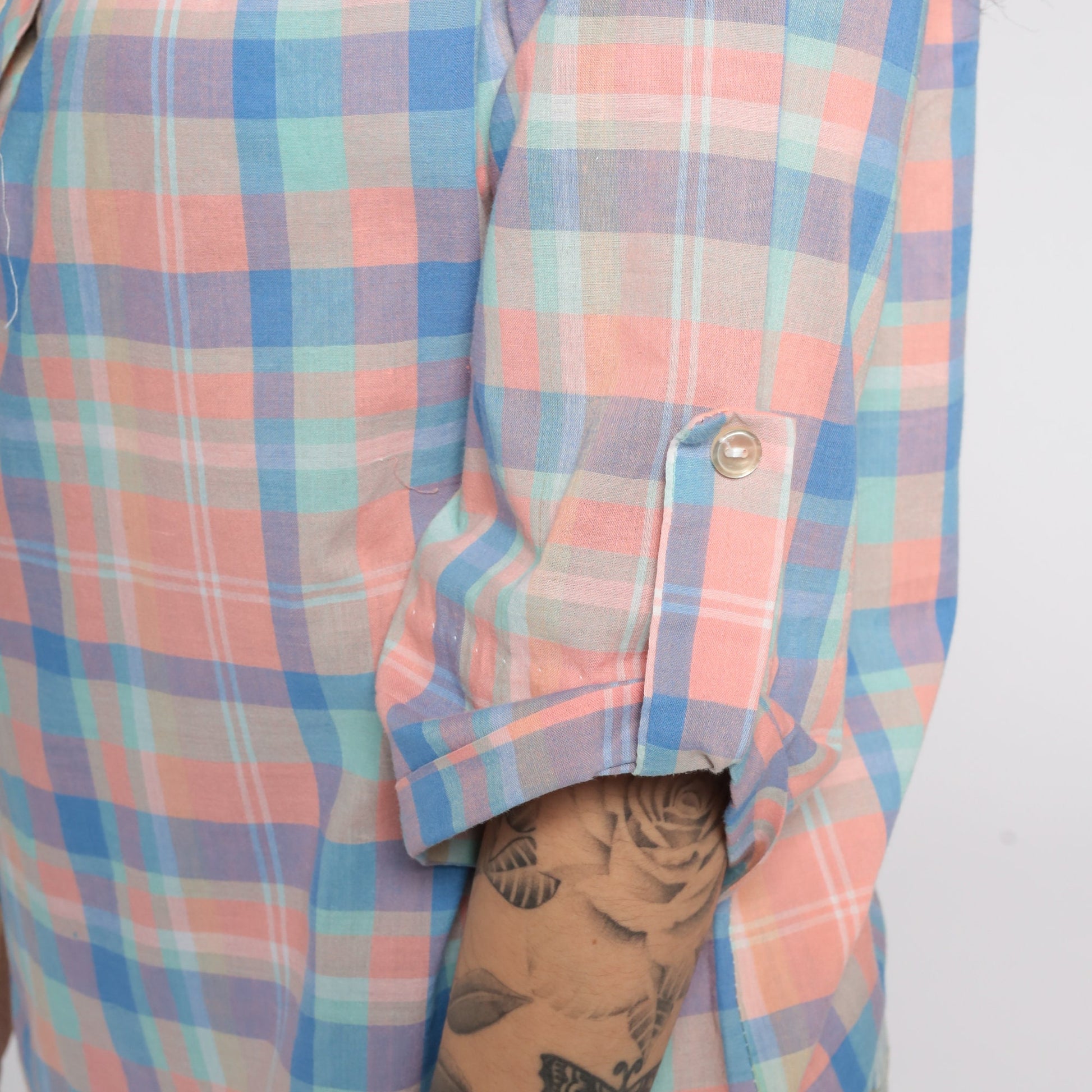 80s Pink Plaid Button-Up Blouse Checkered Cotton Shirt Medium