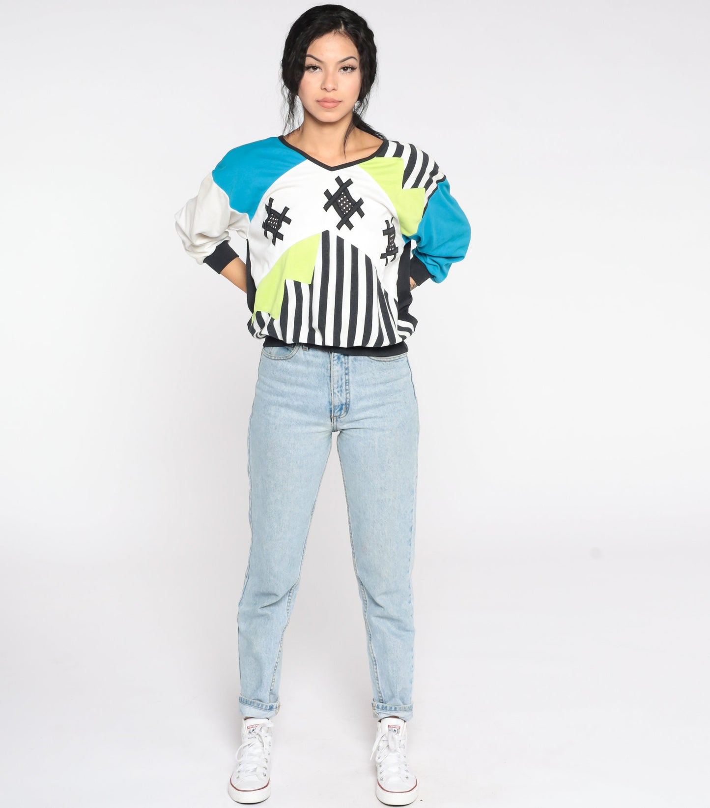 80s Colour Block Striped Sweatshirt Blue Green Crewneck Pullover Small