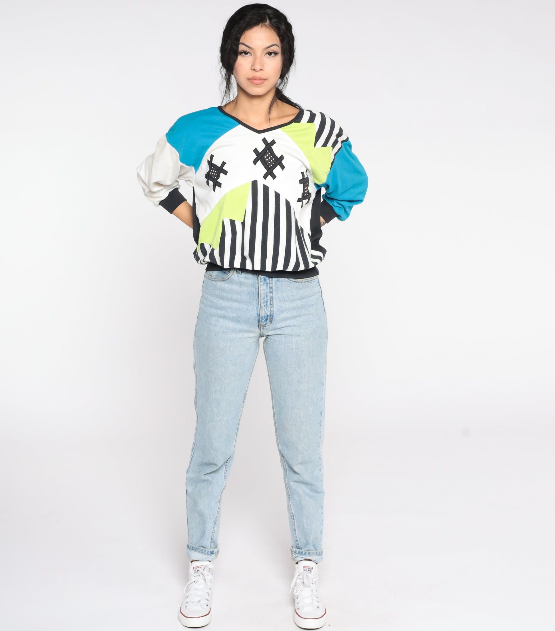 80s Colour Block Striped Sweatshirt Blue Green Crewneck Pullover Small