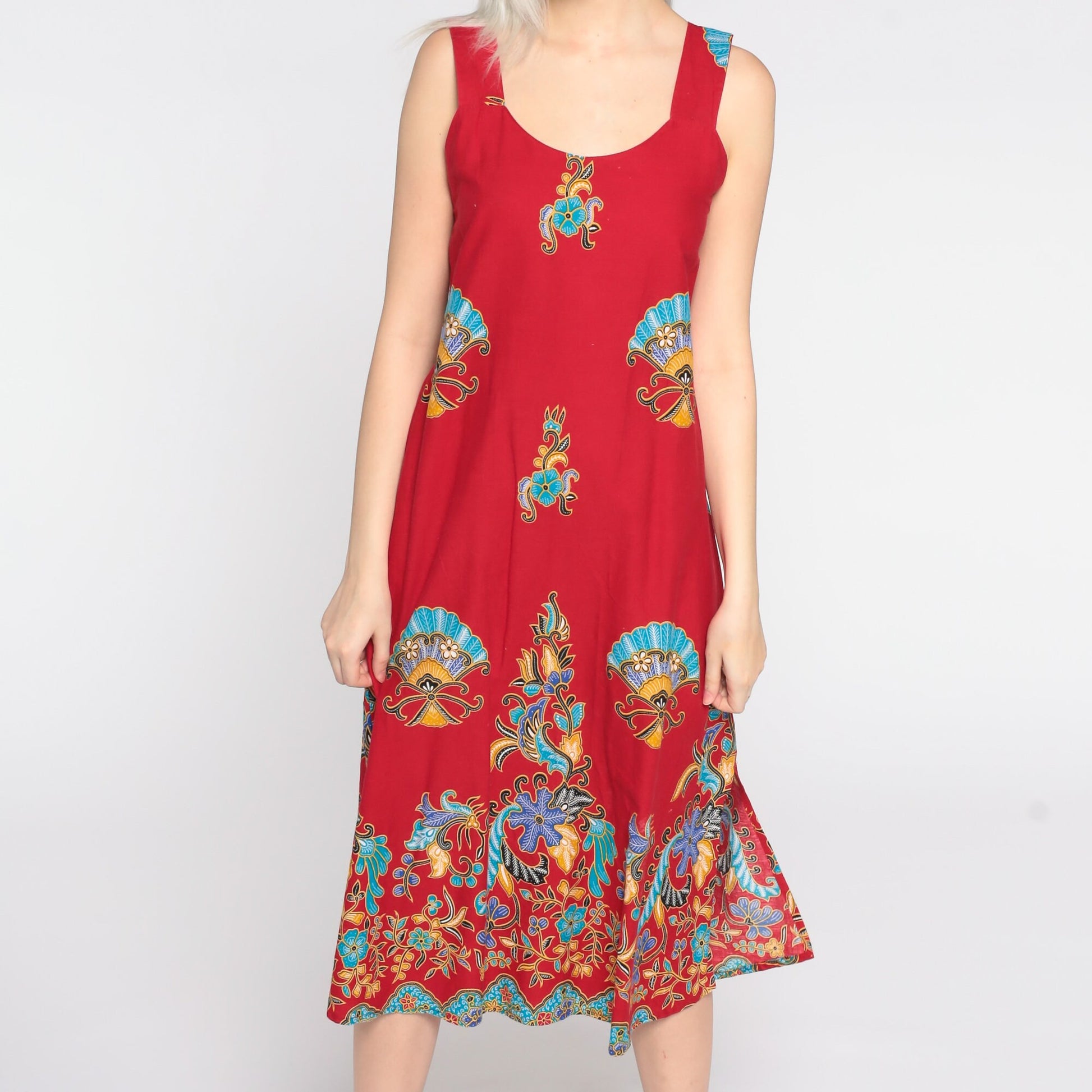 90s Red Floral Midi Dress Sleeveless Sheath Sundress Small