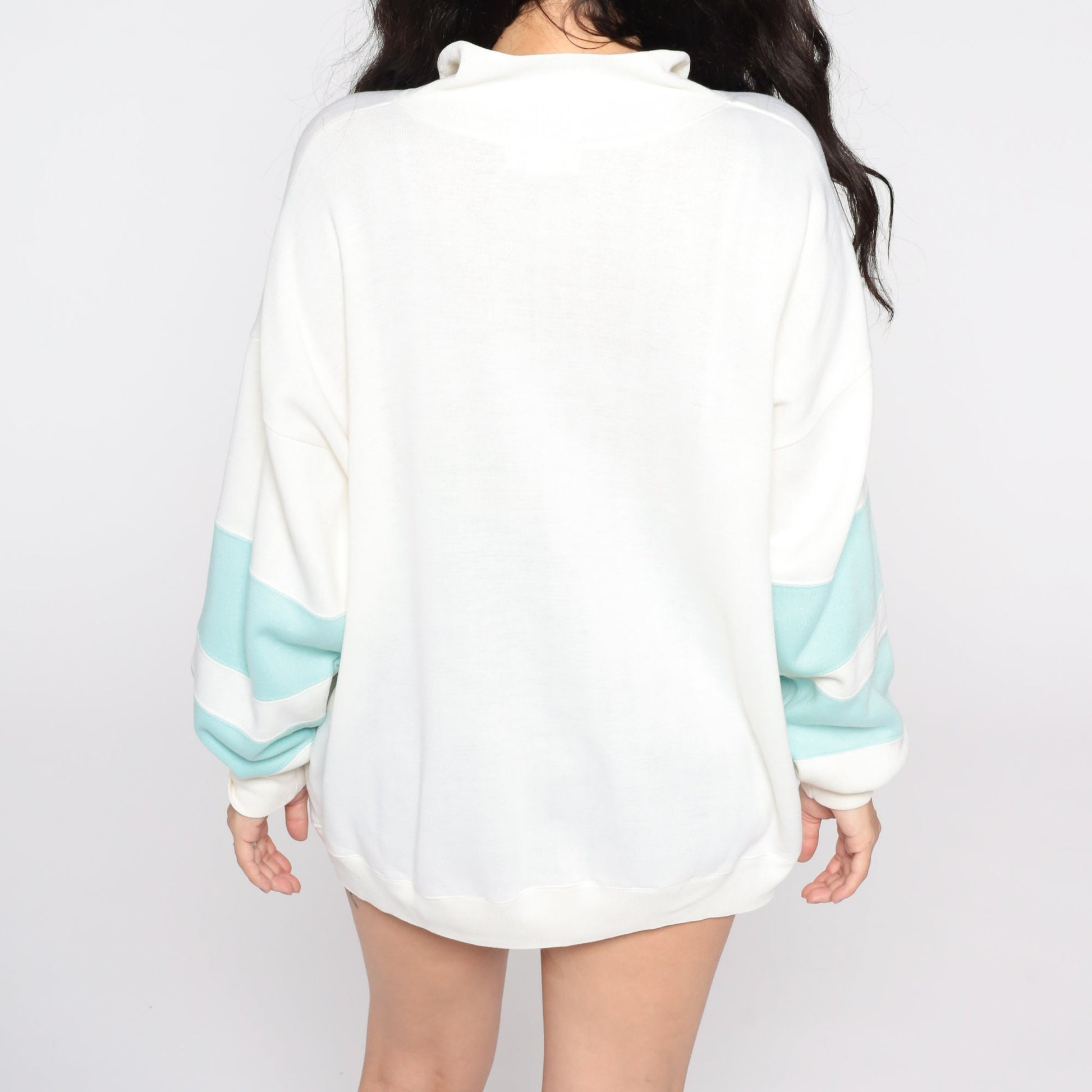 80s Mister Noah Striped Sweatshirt White Blue Button Neck Large L