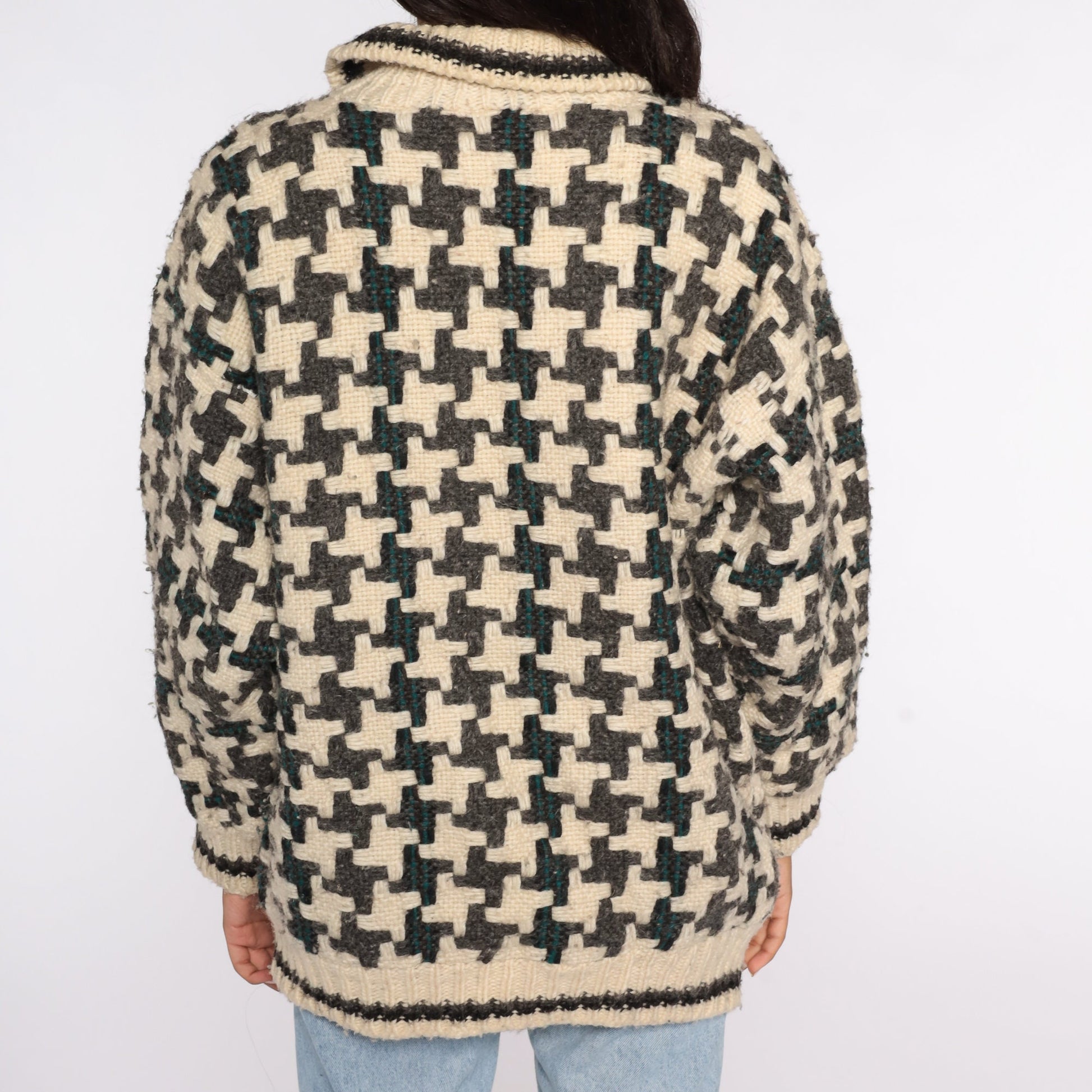 80s Wool Geometric Houndstooth Sweater Cream Grey Pullover Large