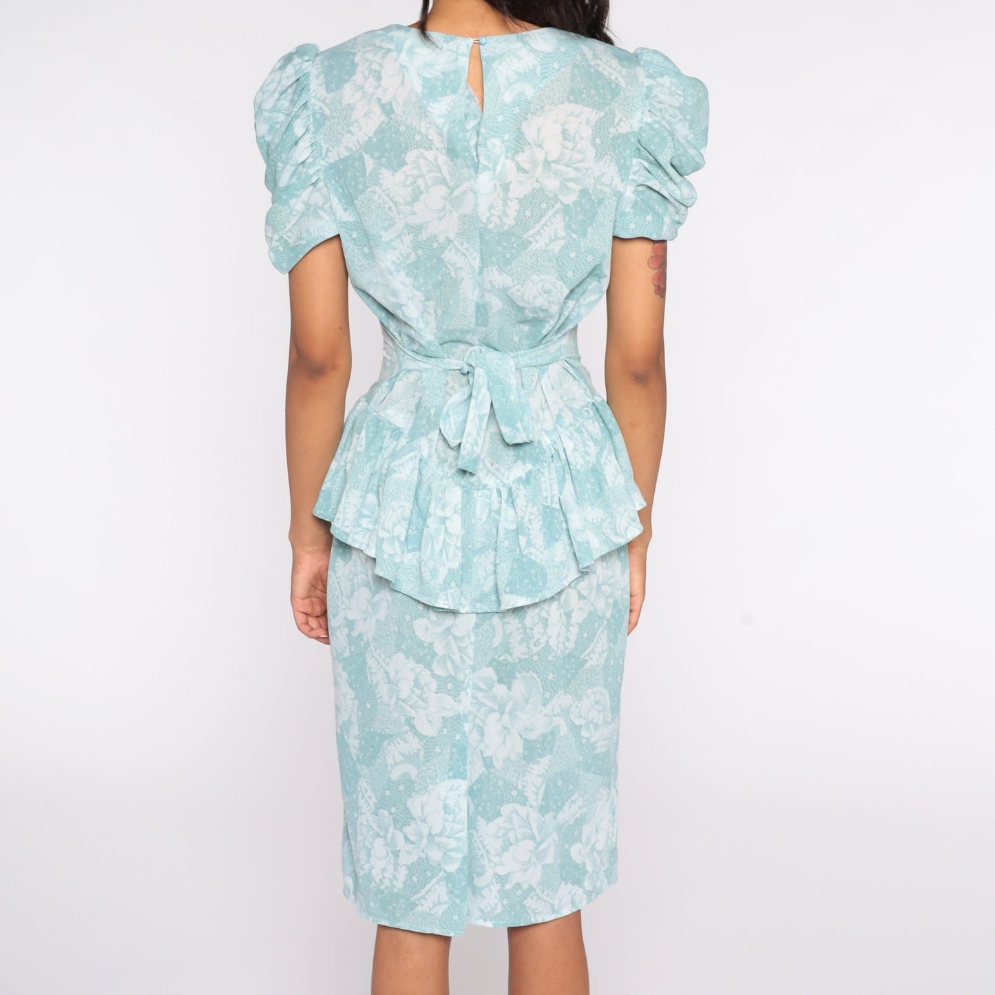 80s Blue-Green Floral Peplum Midi Dress Puff Sleeve Pencil Small
