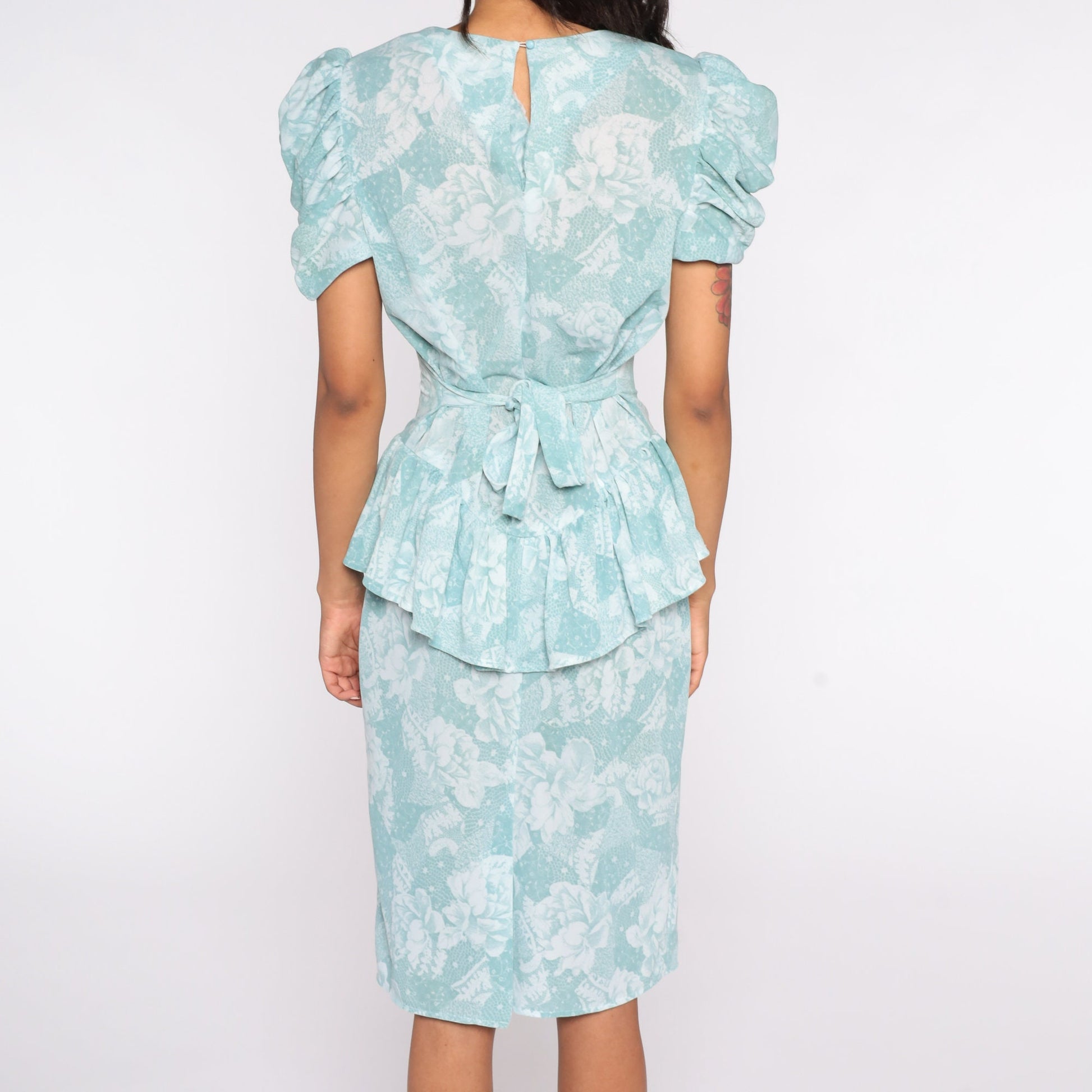 80s Blue-Green Floral Peplum Midi Dress Puff Sleeve Pencil Small