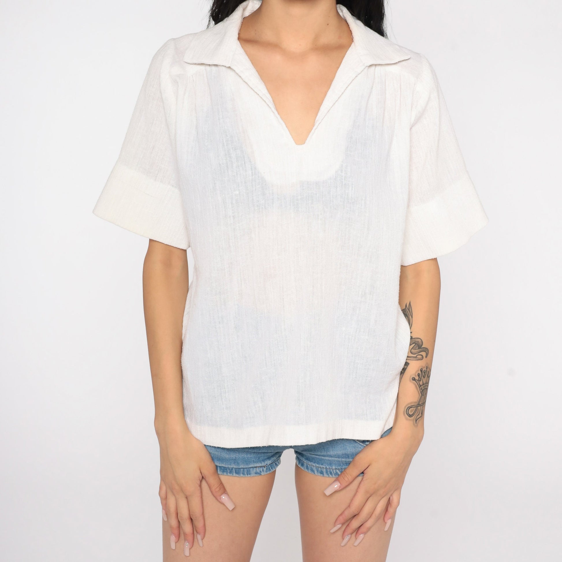 70s Teddi of California White Gauze Tunic Top Short Sleeve V Neck Large