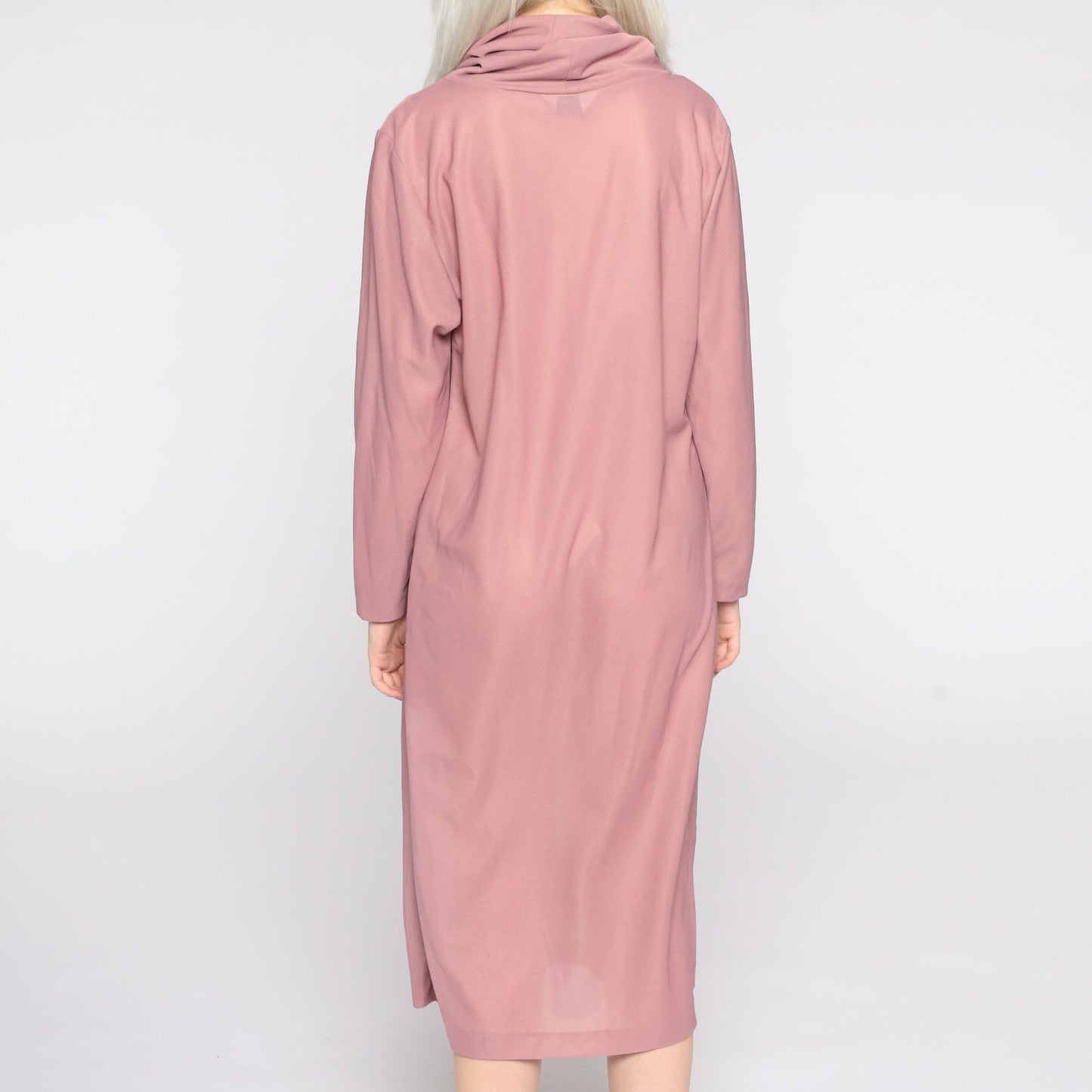 80s Pink Cowl Neck Midi Shift Dress Sheer Polyester Small Medium