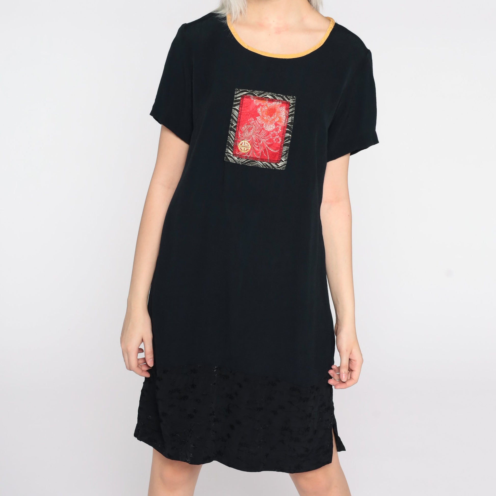 90s Black Mini Shift Dress Floral Embroidery Short Sleeve Small S