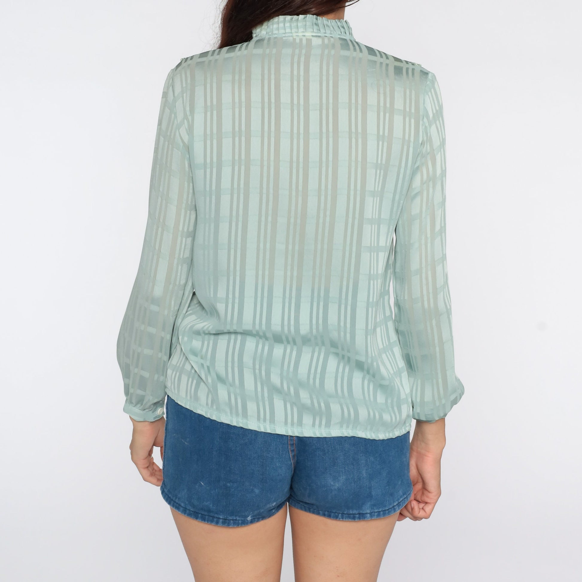 80s Blue Striped Floral Ascot Blouse Embroidered Sheer Button Up Small