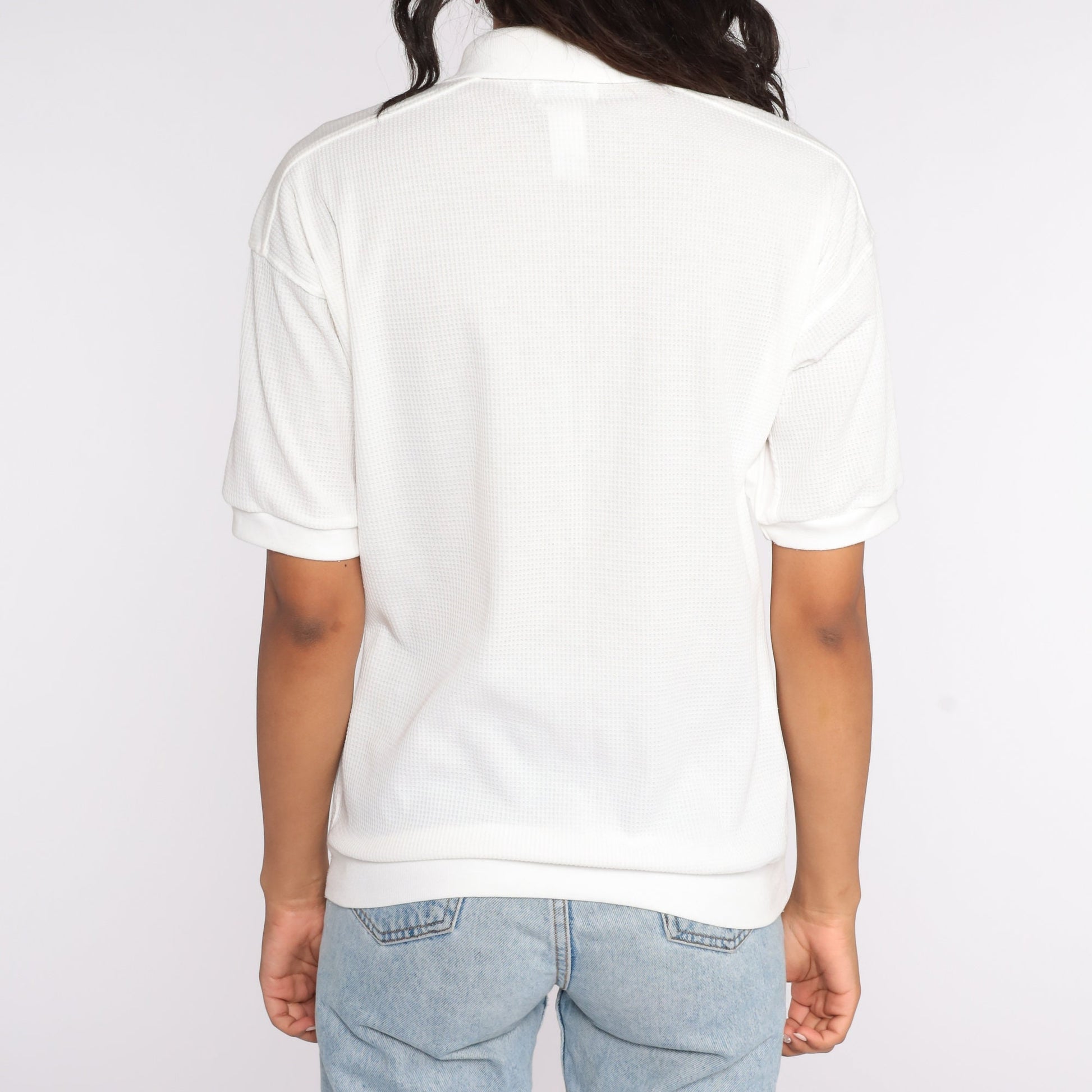 80s White Button Neck Short Sleeve Shirt Cotton Blend Small S