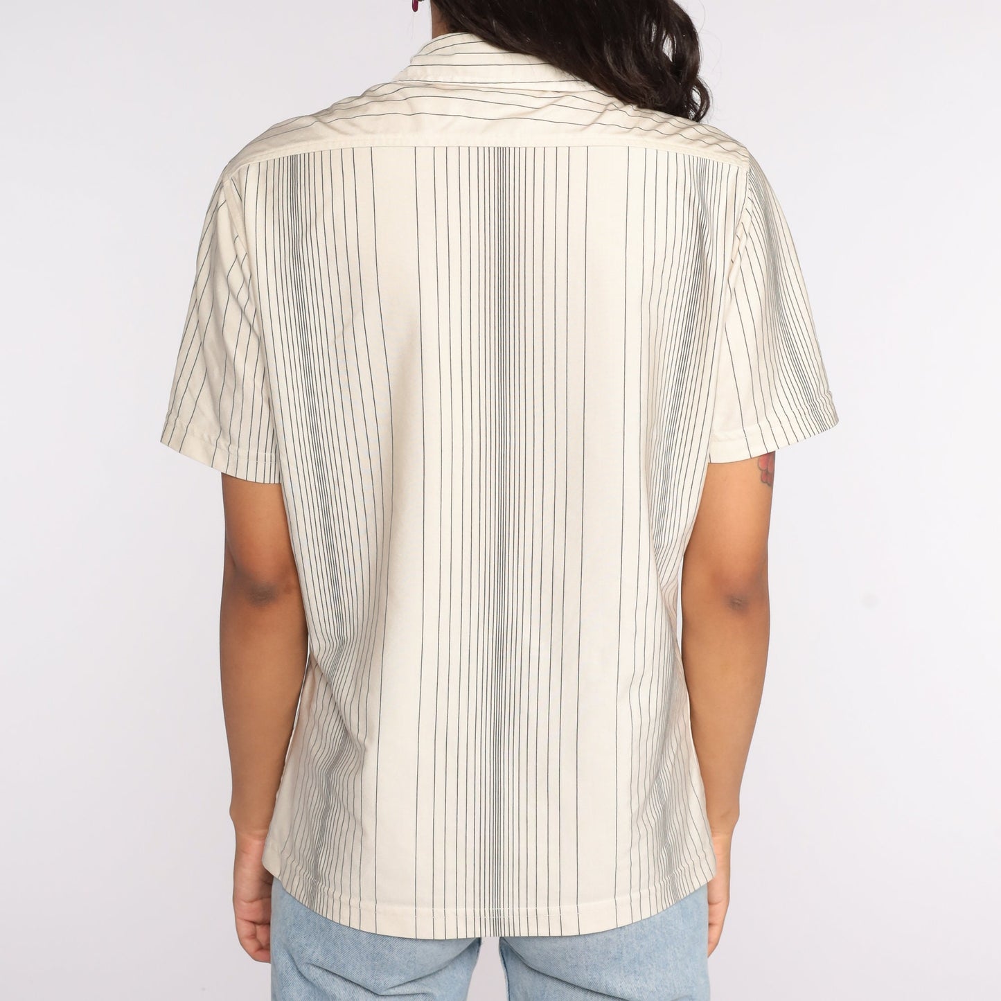 70s Off-White Striped Button-Up Shirt Short Sleeve Collared Top Medium