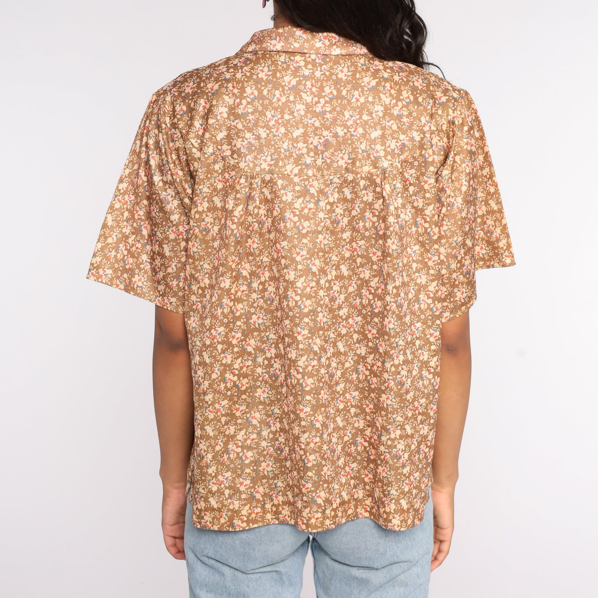 70s Brown Floral Button-Up Shirt Short Sleeve Blouse Large L