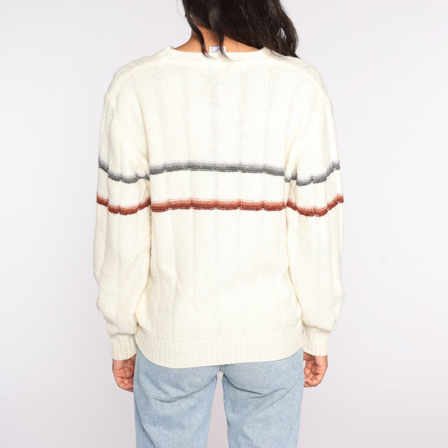 70s Kennington Striped V-Neck Sweater Cream Brown Medium Large