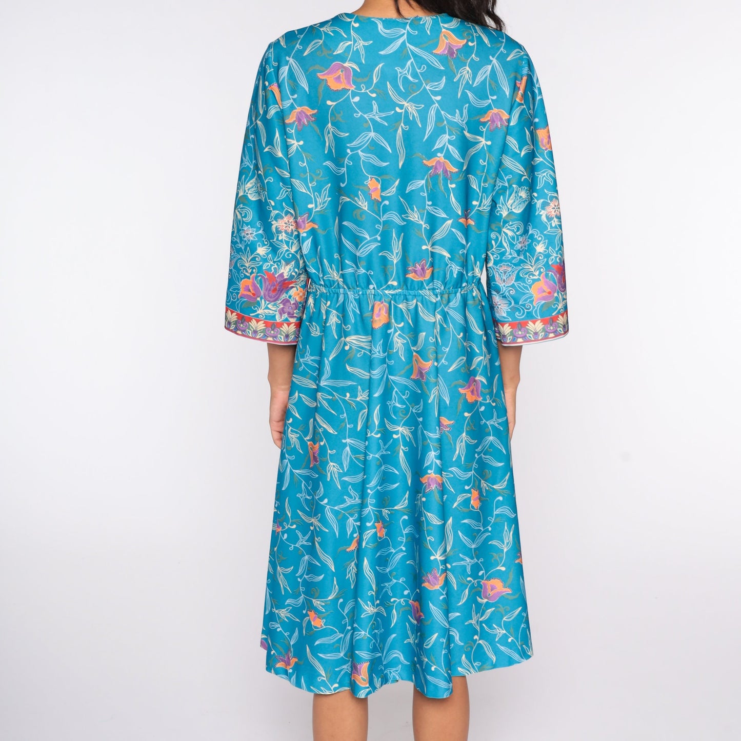 70s Blue Floral Wrap Midi Dress Deep V Neck Long Sleeve Extra Large