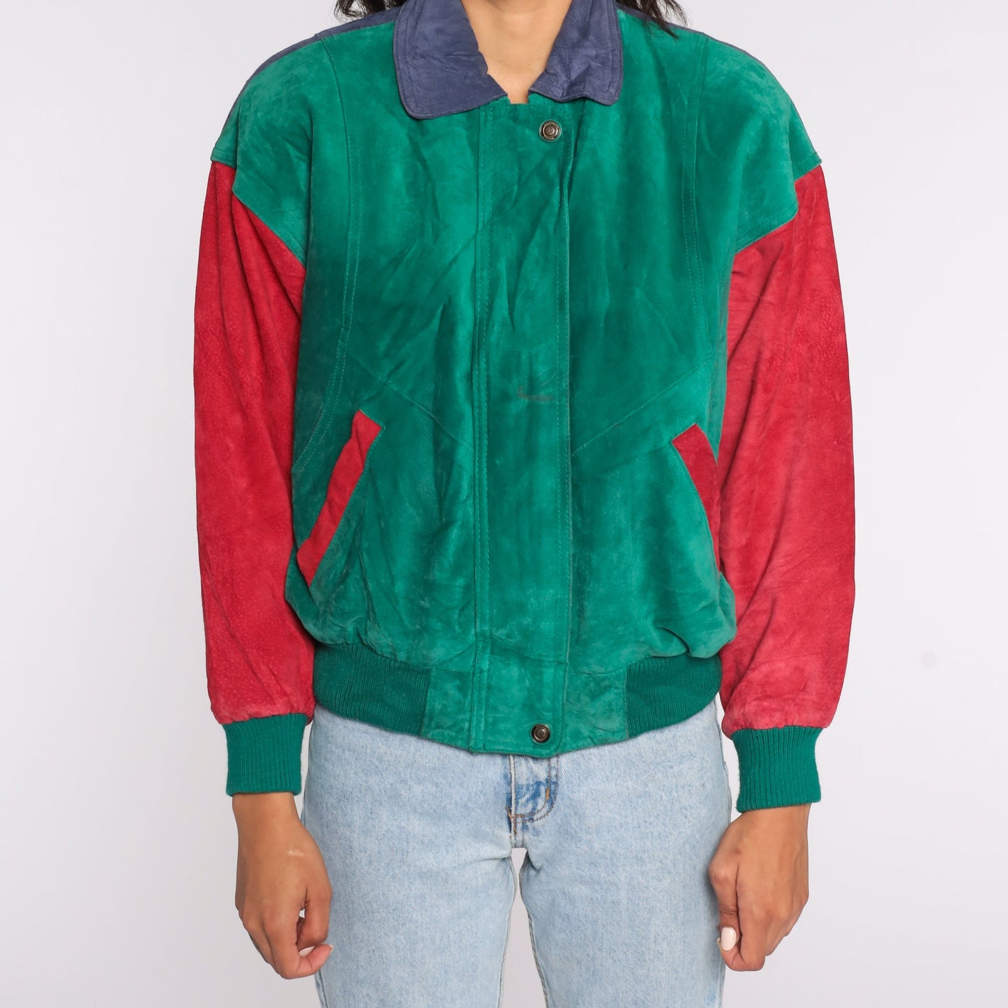 90s Wilsons Suede Varsity Jacket Colour Block Green Red Blue Small S