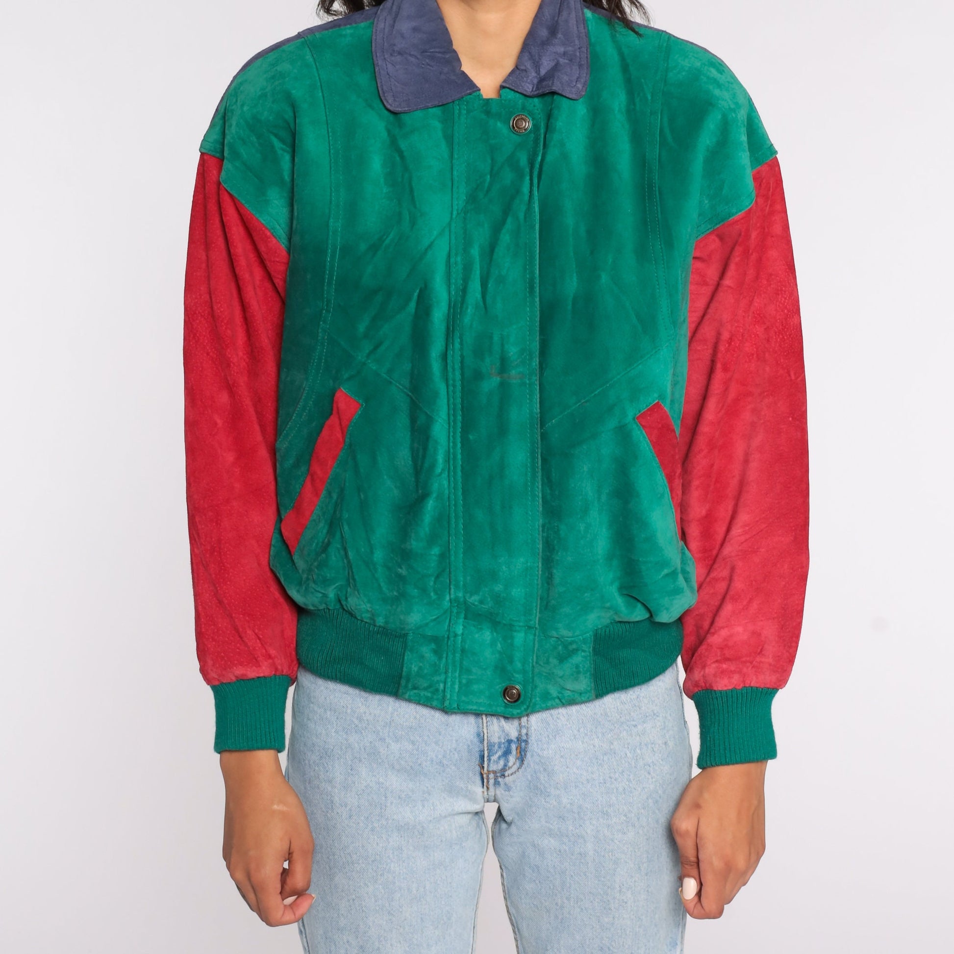90s Wilsons Suede Varsity Jacket Colour Block Green Red Blue Small S