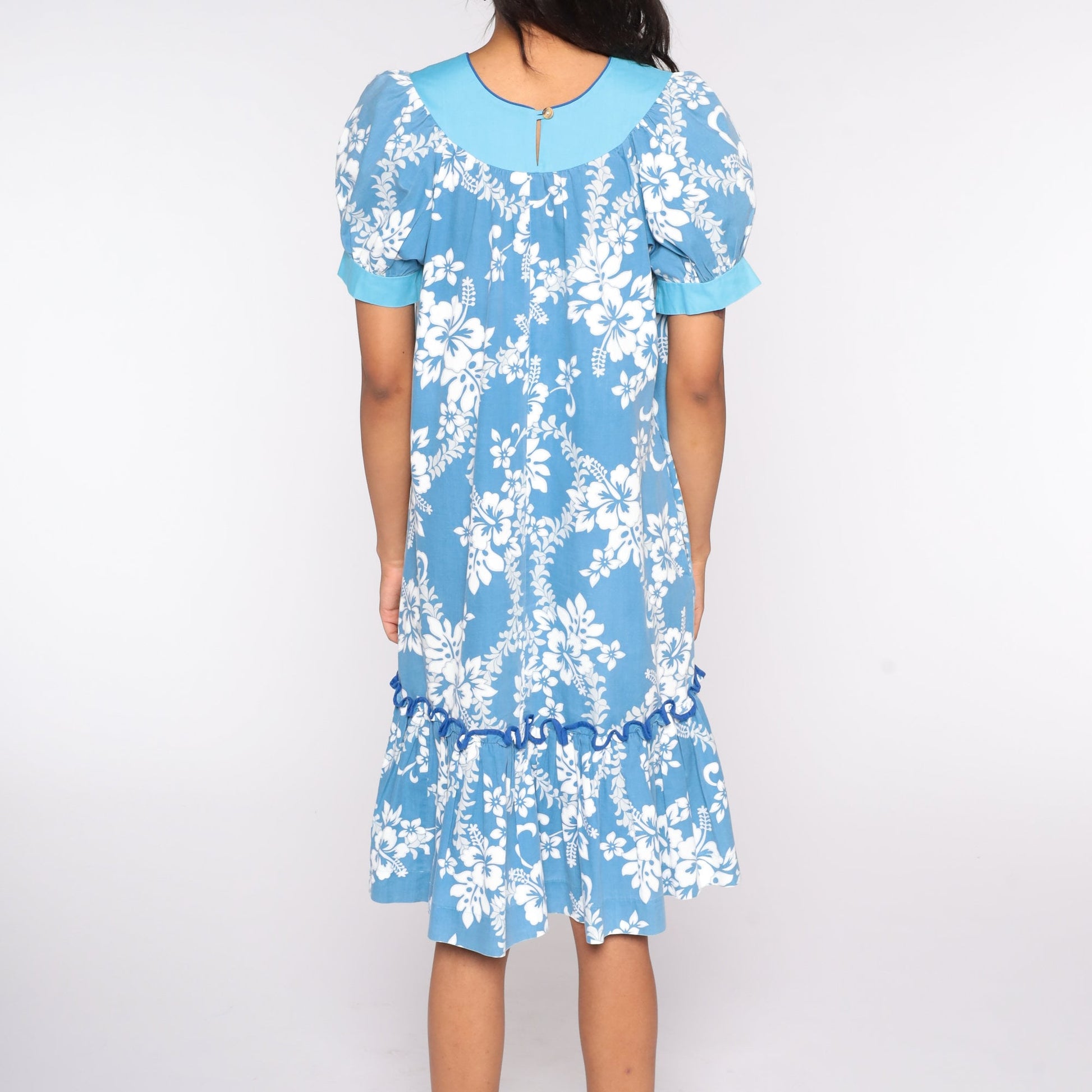 80s Floral Midi Dress Puff Sleeve Tent Cut Blue Cotton Medium