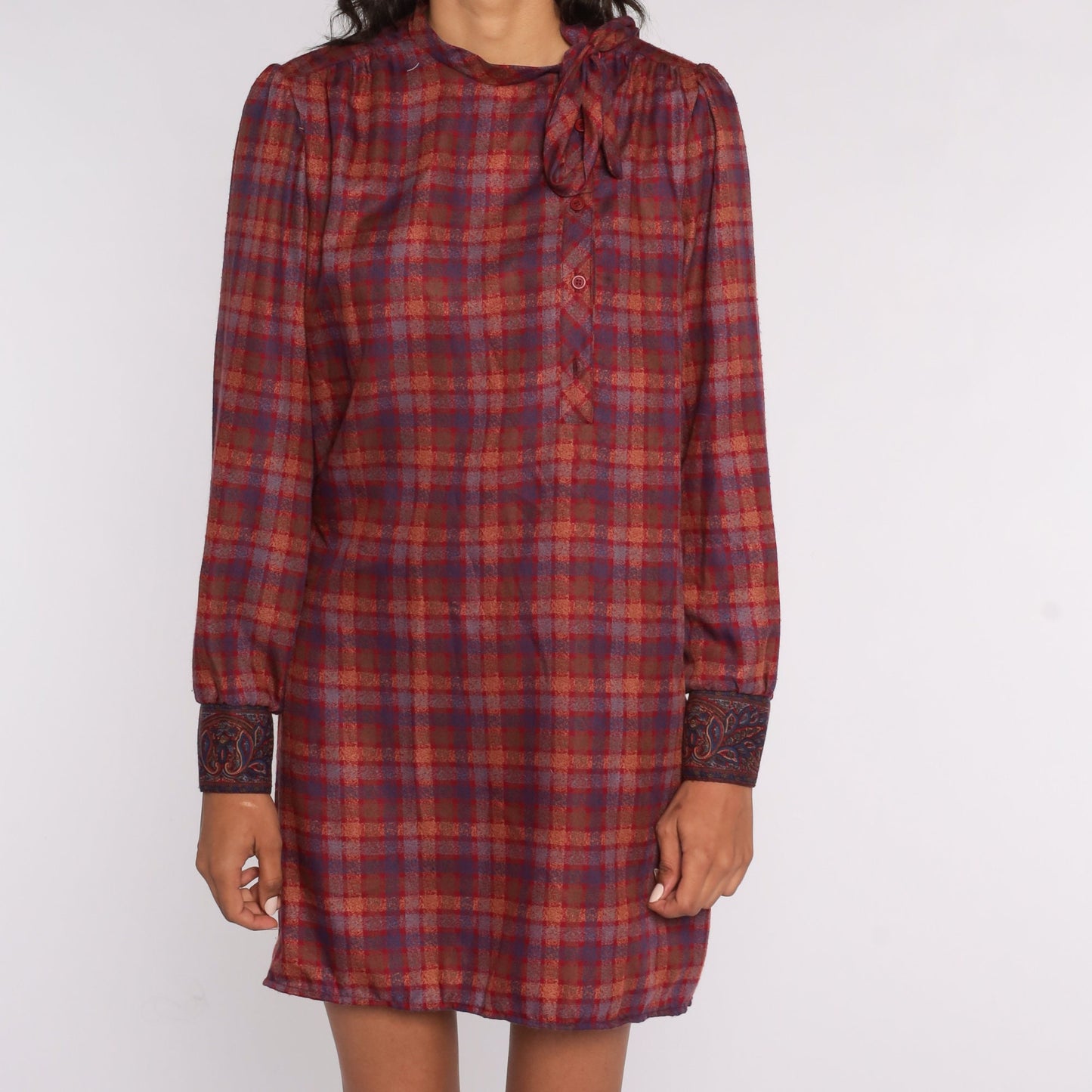 80s Plaid Mini Dress Red Brown Puff Sleeve Button Up Ascot Medium