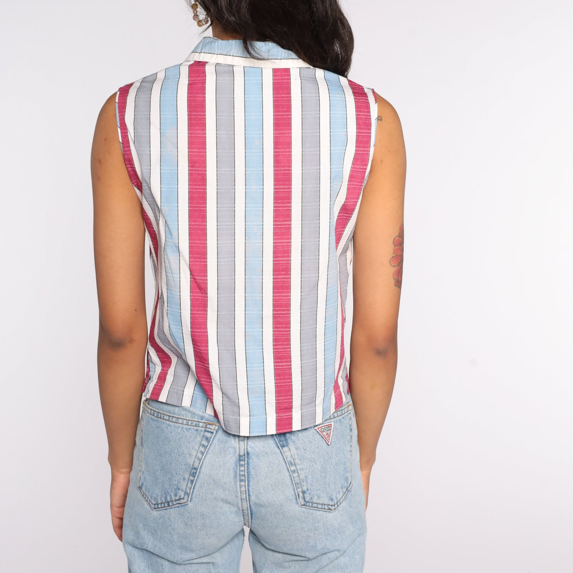70s Striped Sleeveless Button-Up Blouse Cotton Blend Extra Small