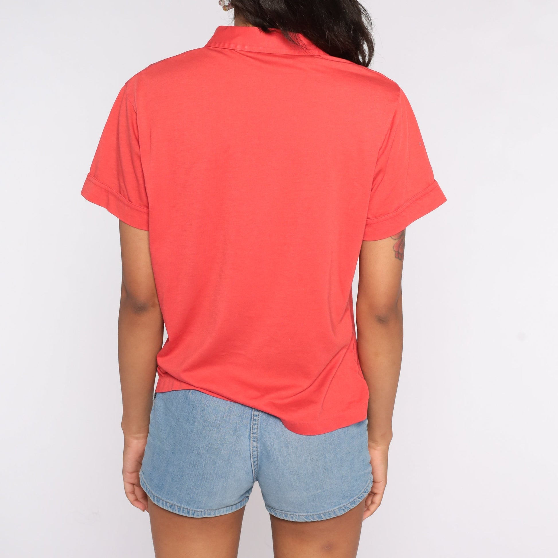 80s Red Polo Shirt Half Button Collared Cotton Blend Medium
