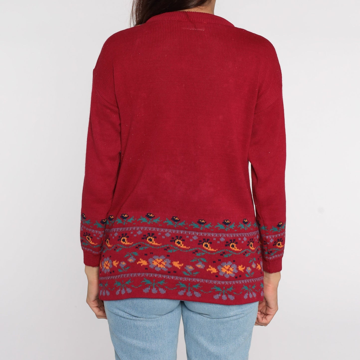 80s Paisley Floral Red Knit Sweater Pullover Small
