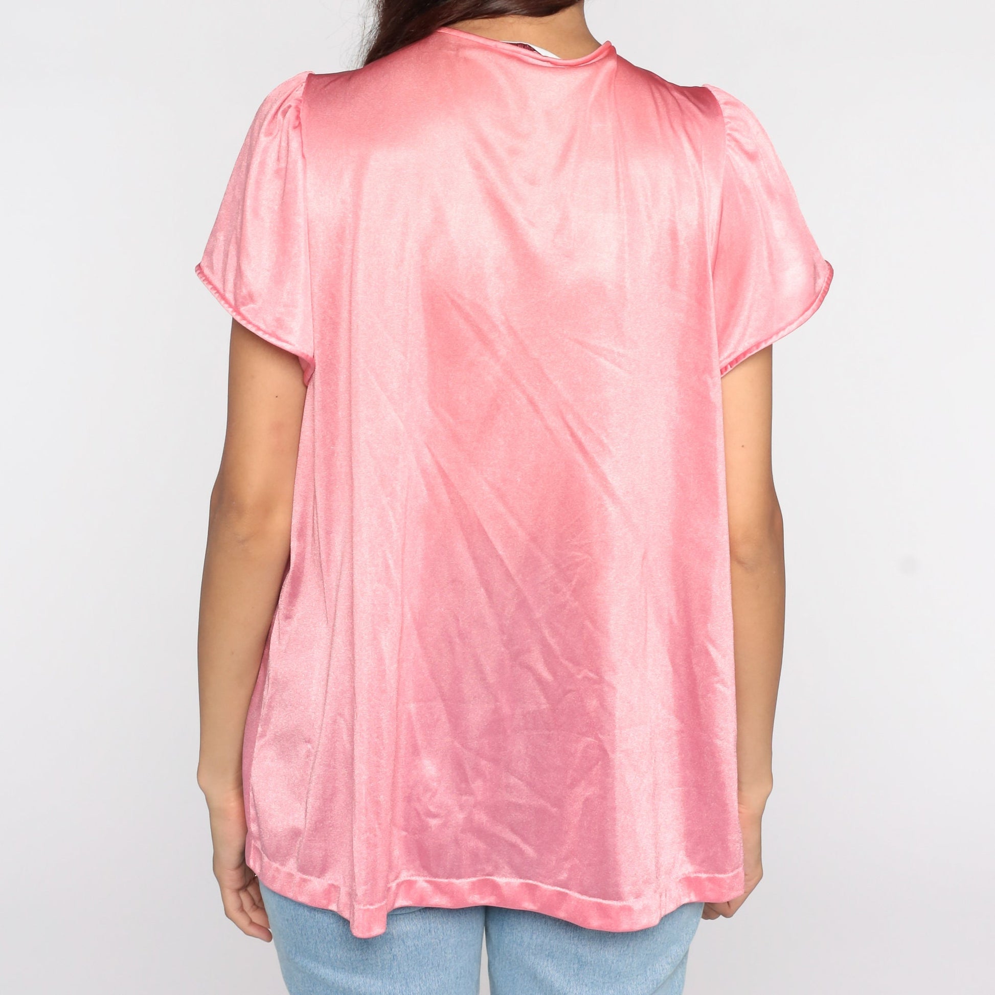 80s Vanity Fair Pink Nylon Pajama Shirt Puff Sleeve Button-Up Medium