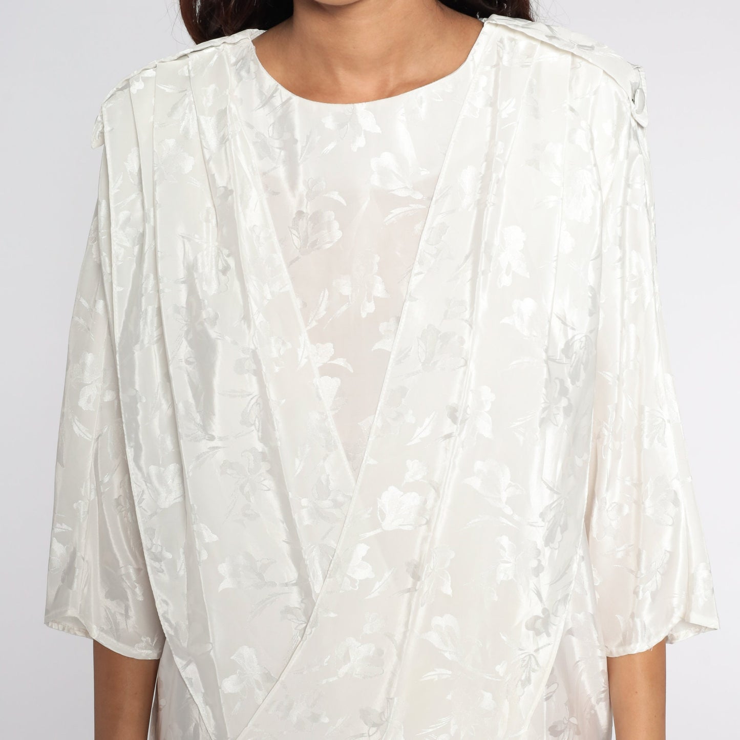 80s All That Jazz White Floral Embossed Midi Dress Draped Panel Medium