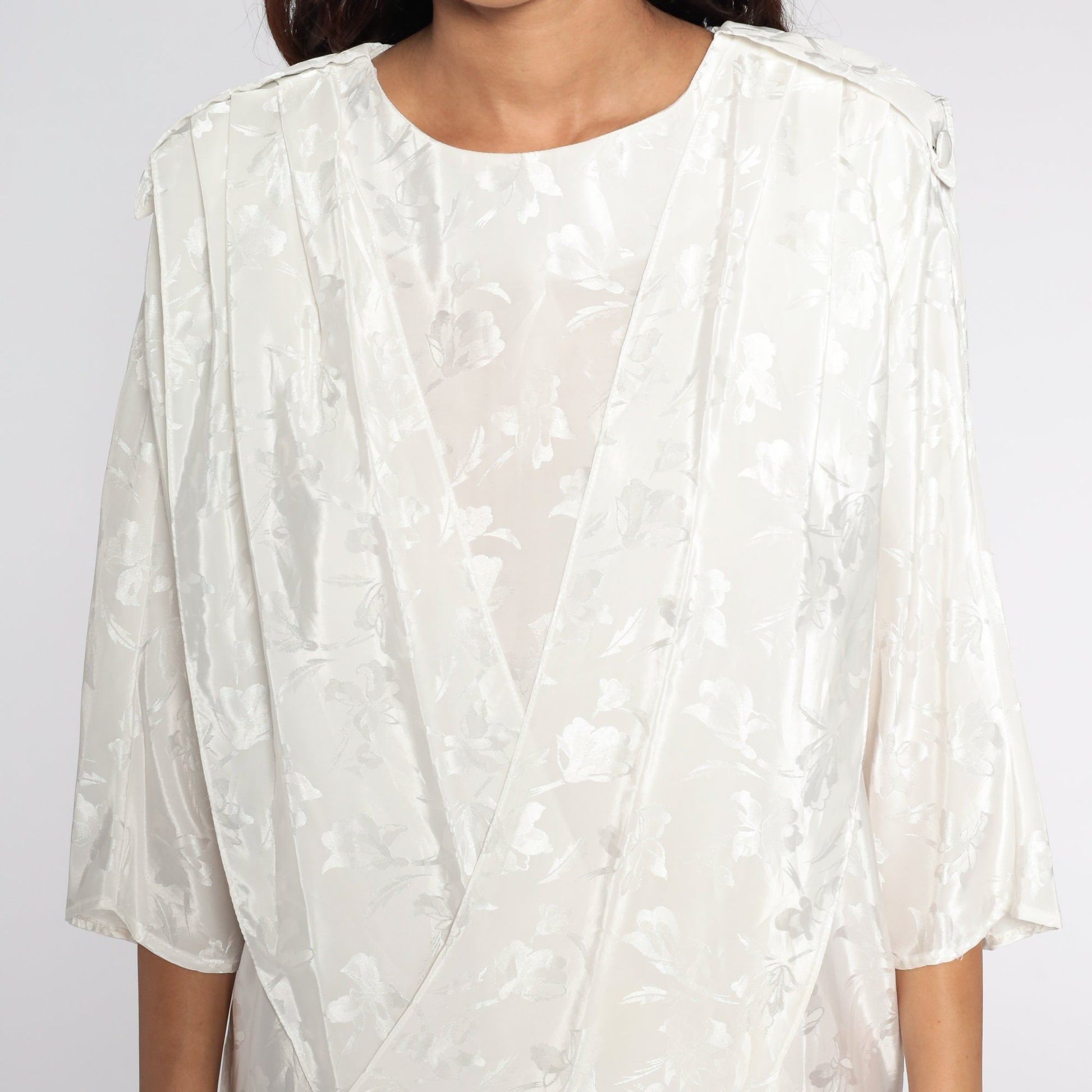 80s All That Jazz White Floral Embossed Midi Dress Draped Panel Medium