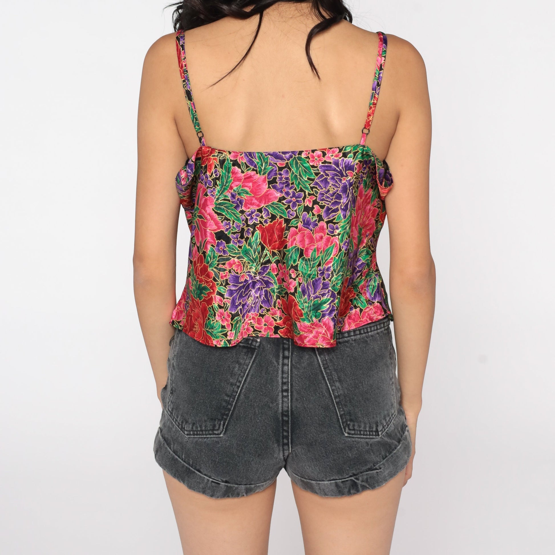 90s Floral Camisole Lace Trim Spaghetti Strap Sleep Top Large