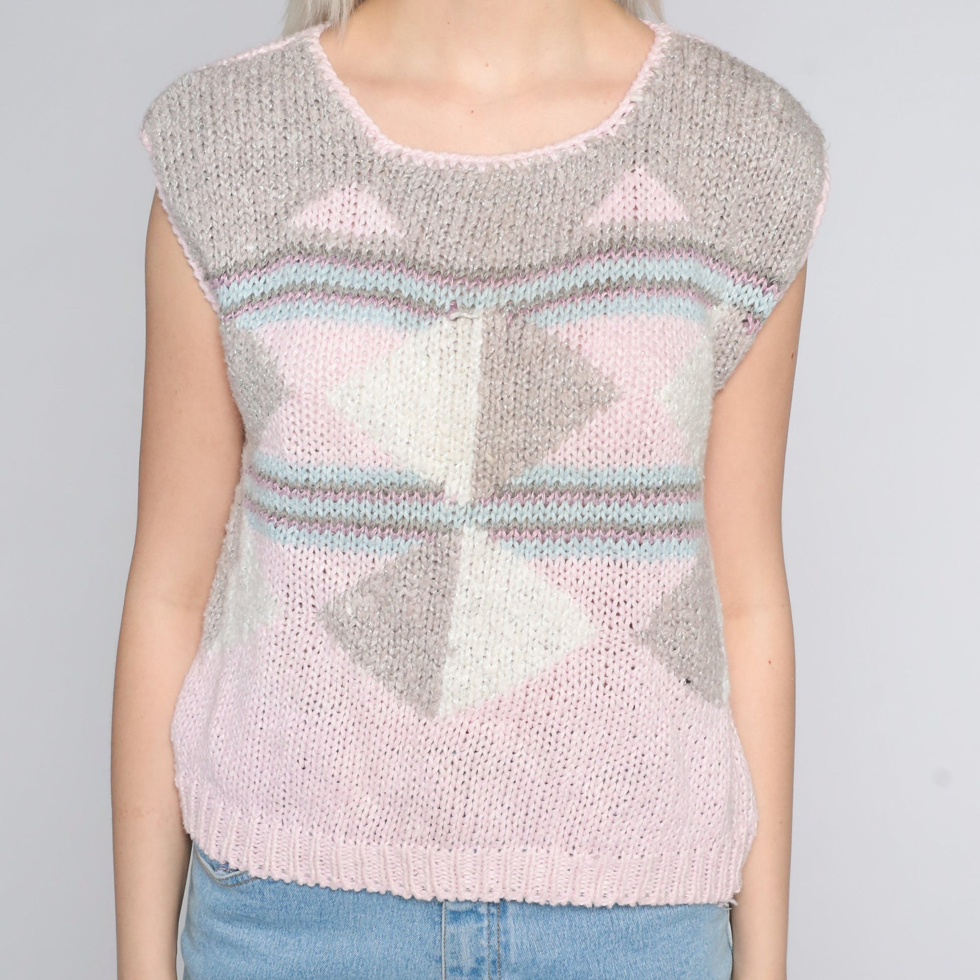 80s Geometric Colour Block Knit Top Baby Pink Cap Sleeve Medium