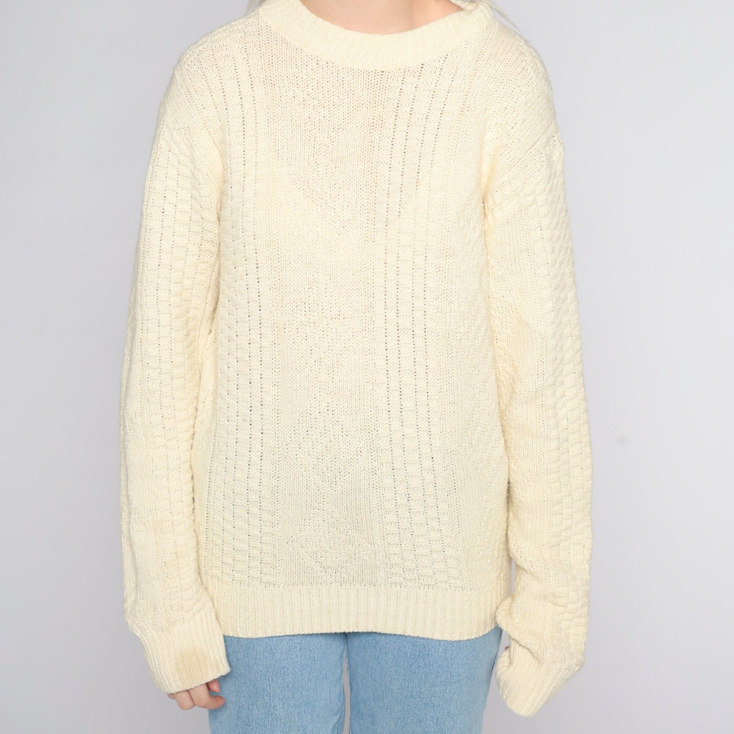 90s Cream Textured Acrylic Sweater Pullover Crewneck Large