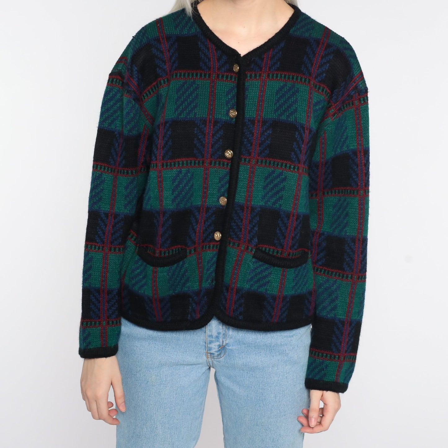 80s Checkered Cardigan Sweater Green Black Knit Button-Up Large
