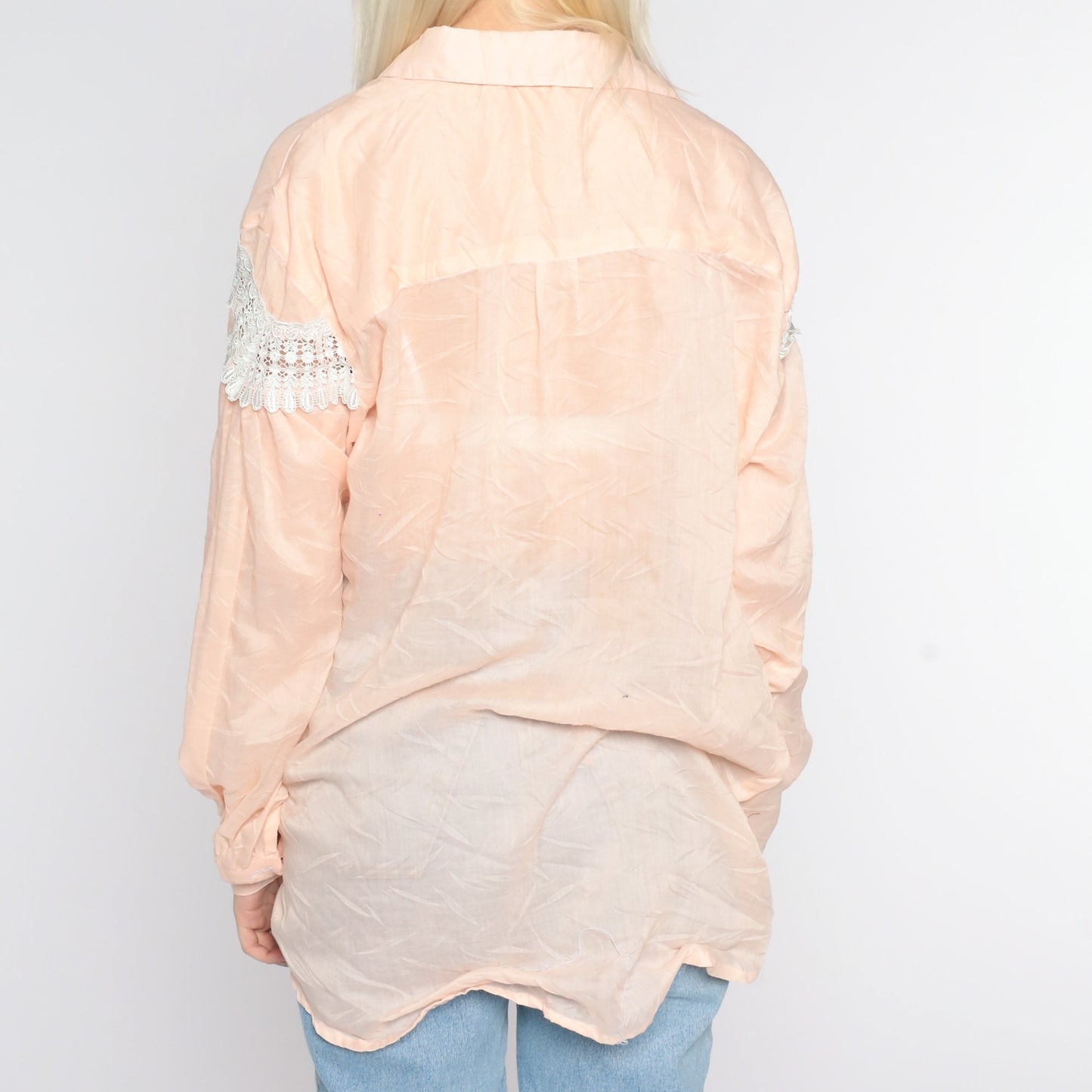 90s Sheer Crochet Lace Button-Up Blouse Peach Pink Long Sleeve Extra Large