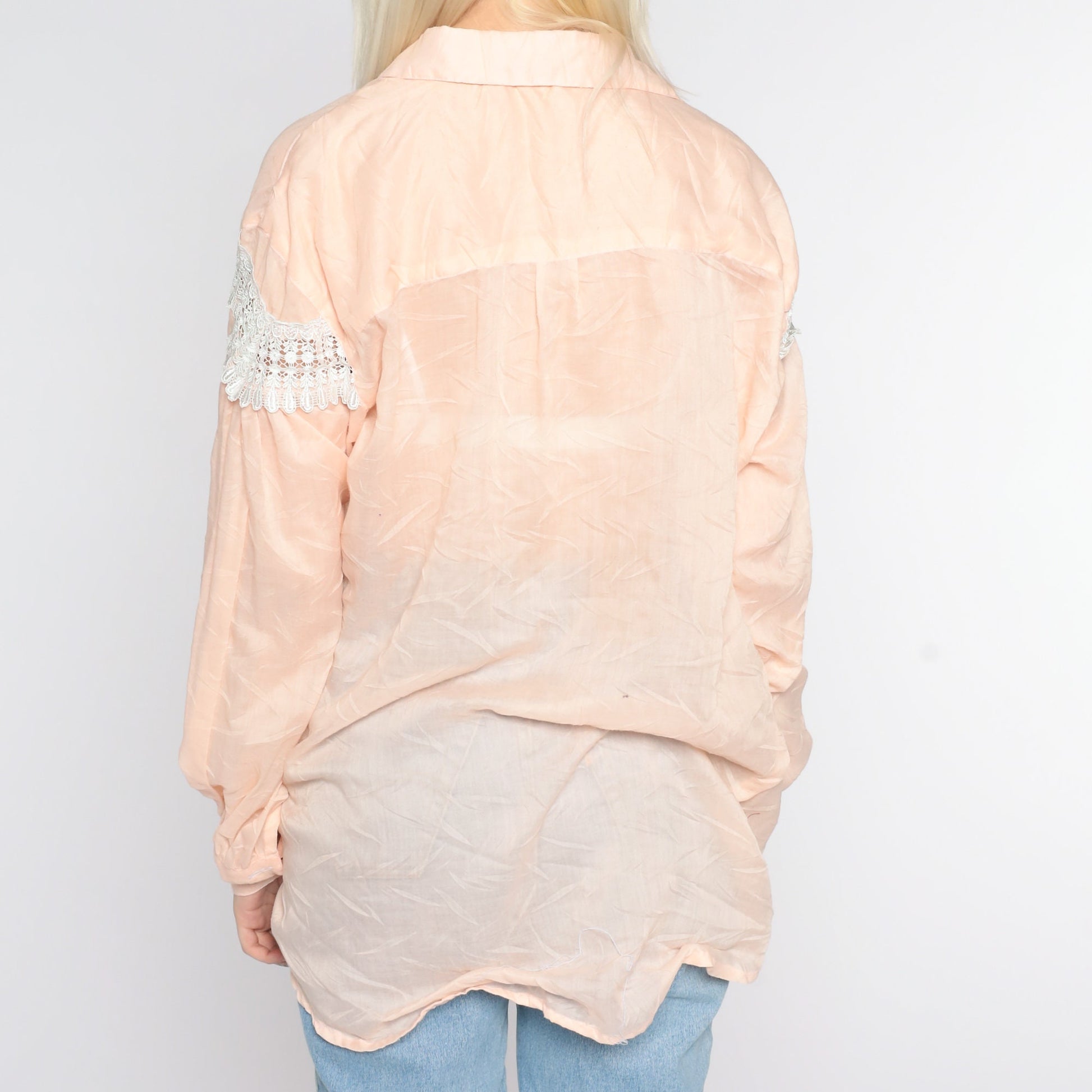 90s Sheer Crochet Lace Button-Up Blouse Peach Pink Long Sleeve Extra Large