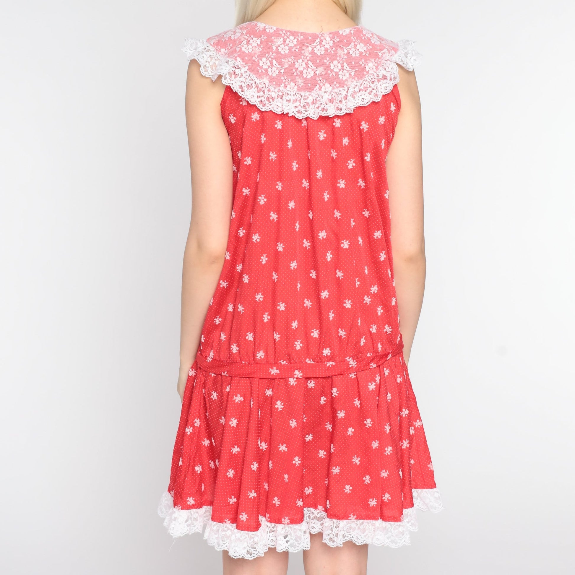 70s Red Floral Mini Dress Lace Collar Sleeveless Shift Extra Small