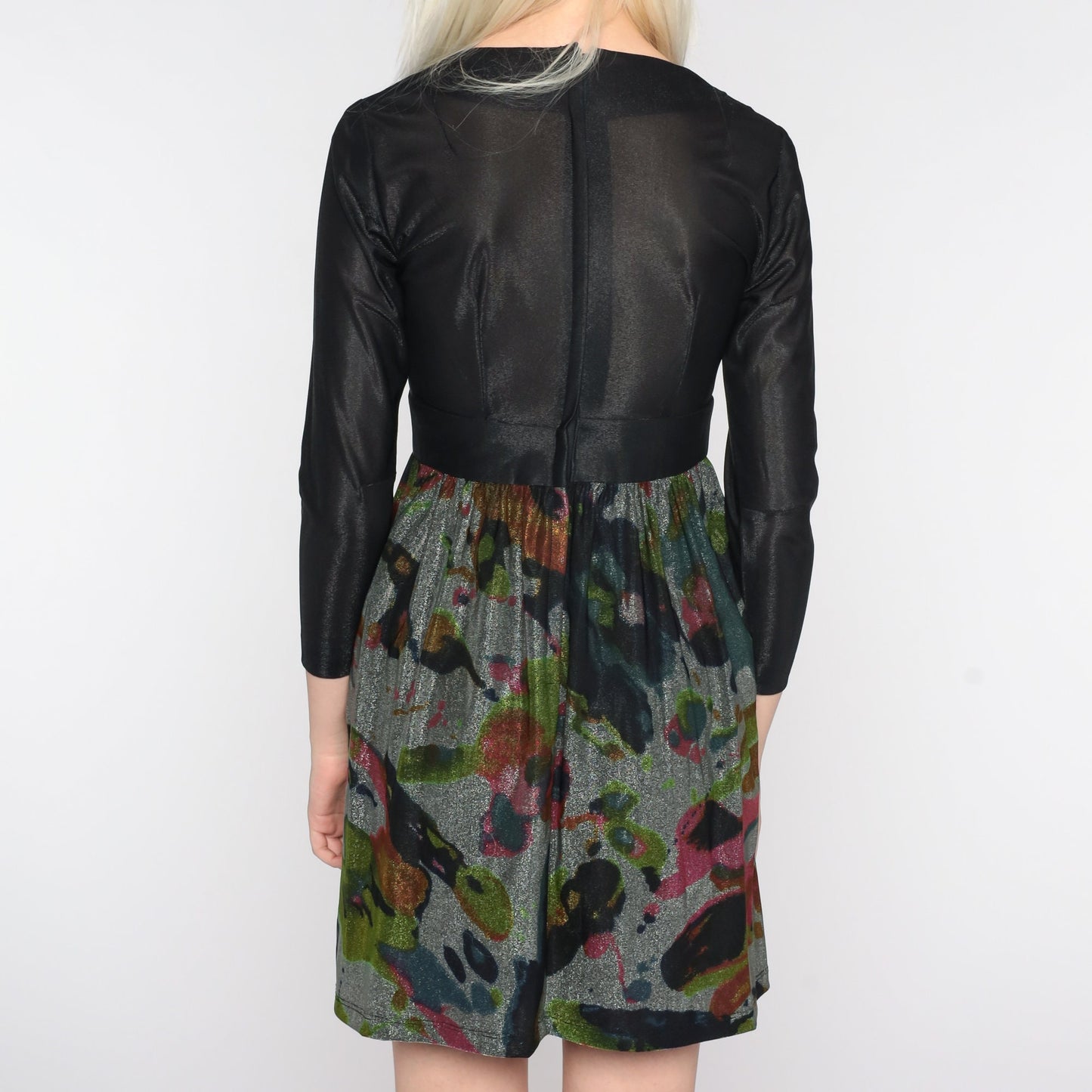 70s Black Metallic Mini Dress Long Sleeve Empire Waist Small