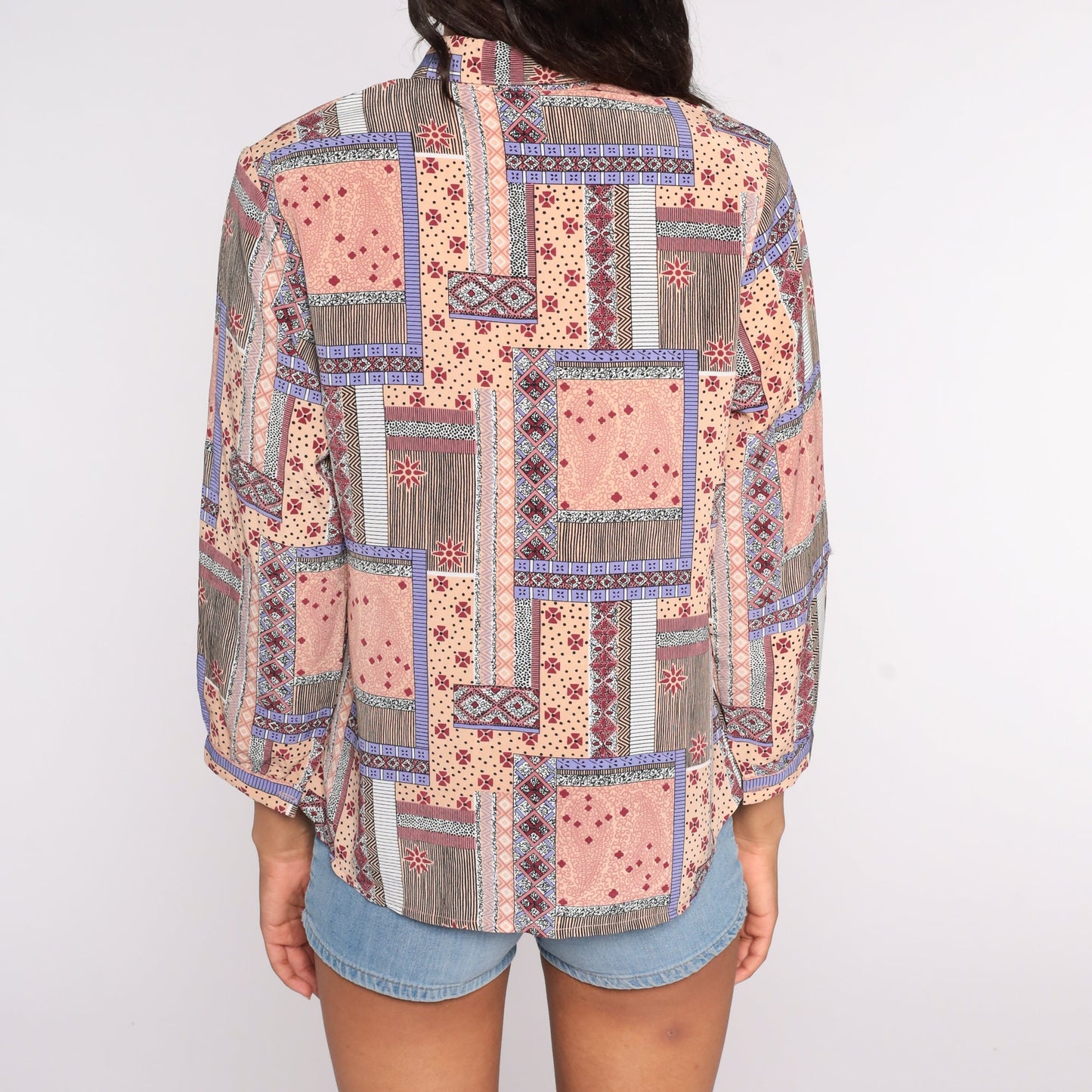 Y2K Patchwork Button-Up Blouse Geometric Paisley Peach Pink Long Sleeve Medium
