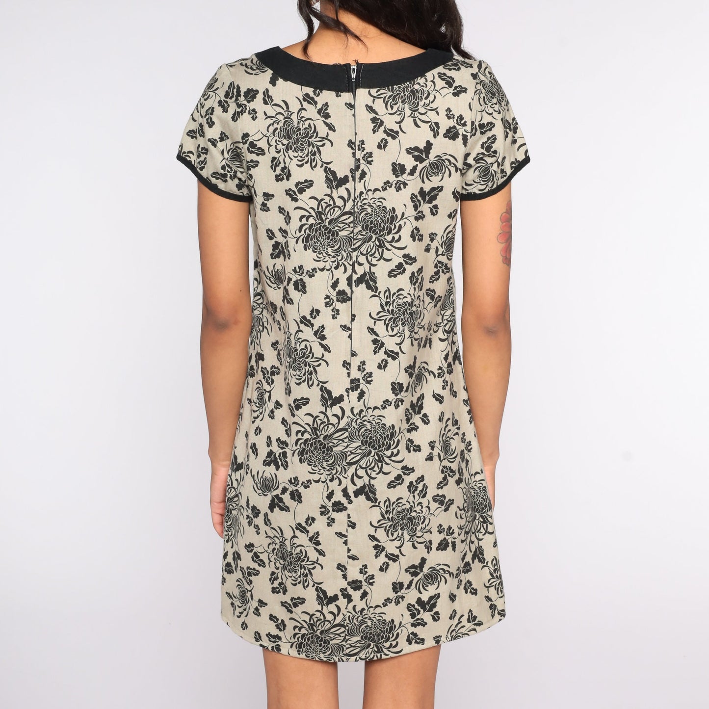 90s Tan Floral Shift Mini Dress Short Sleeve Small S