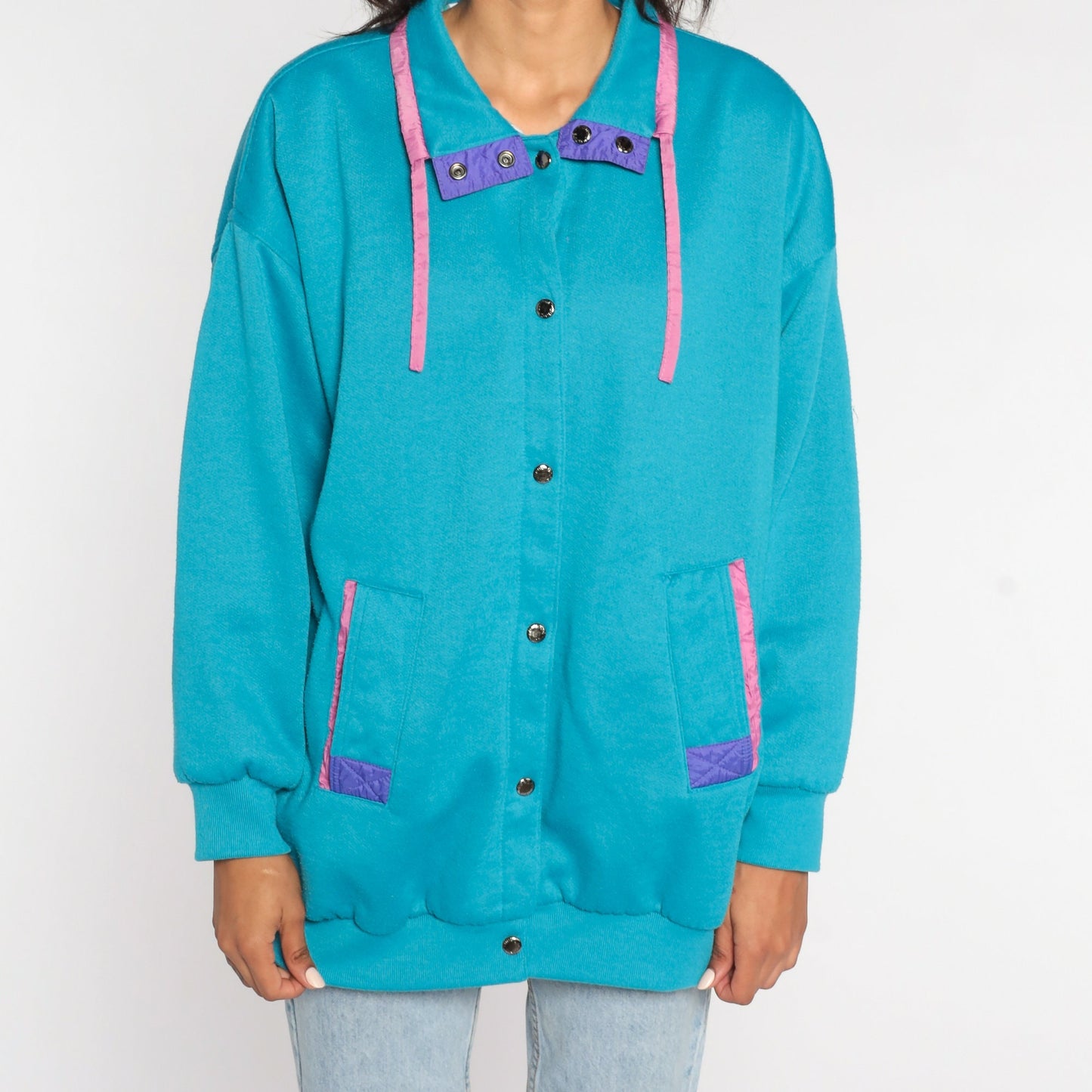 80s Turquoise Windbreaker Jacket Pink Purple Trim Snap Front Cotton Blend