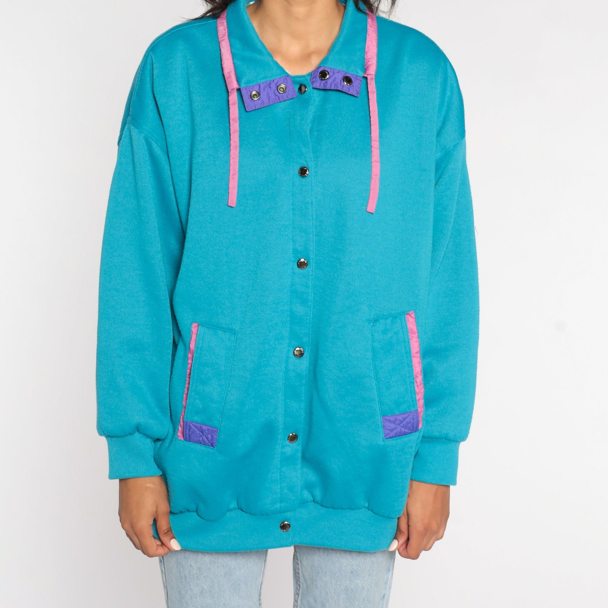 80s Turquoise Windbreaker Jacket Pink Purple Trim Snap Front Cotton Blend