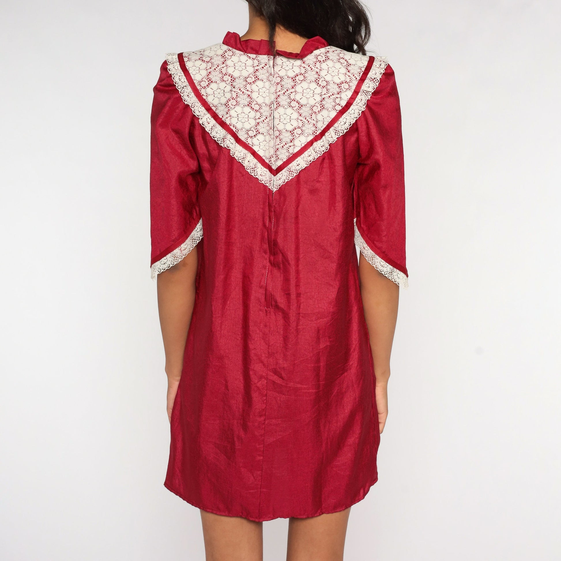 70s Burgundy Tent Dress White Lace Bib Puff Sleeve Mini Small