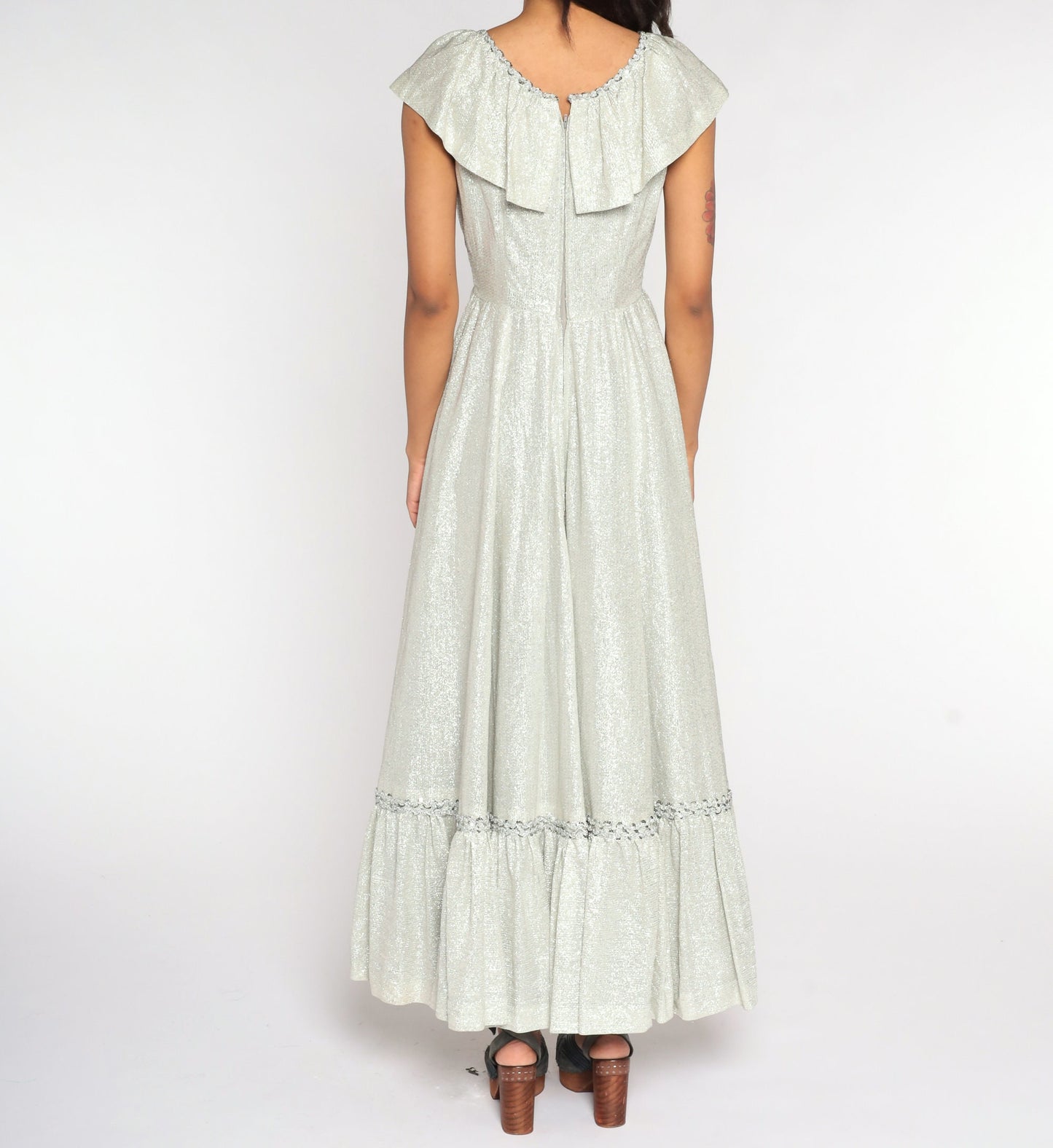 70s Silver Metallic Maxi Dress High Waist Flutter Sleeve Bertha Collar Small