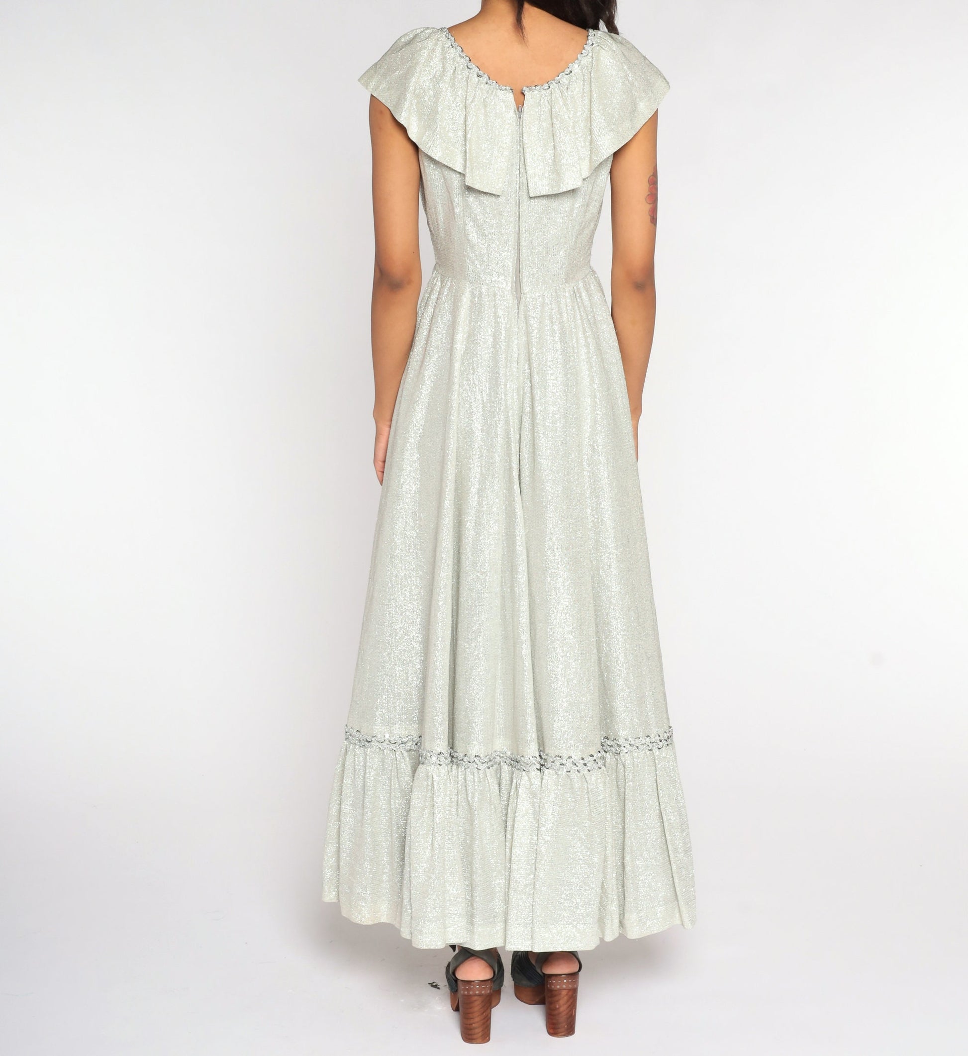 70s Silver Metallic Maxi Dress High Waist Flutter Sleeve Bertha Collar Small