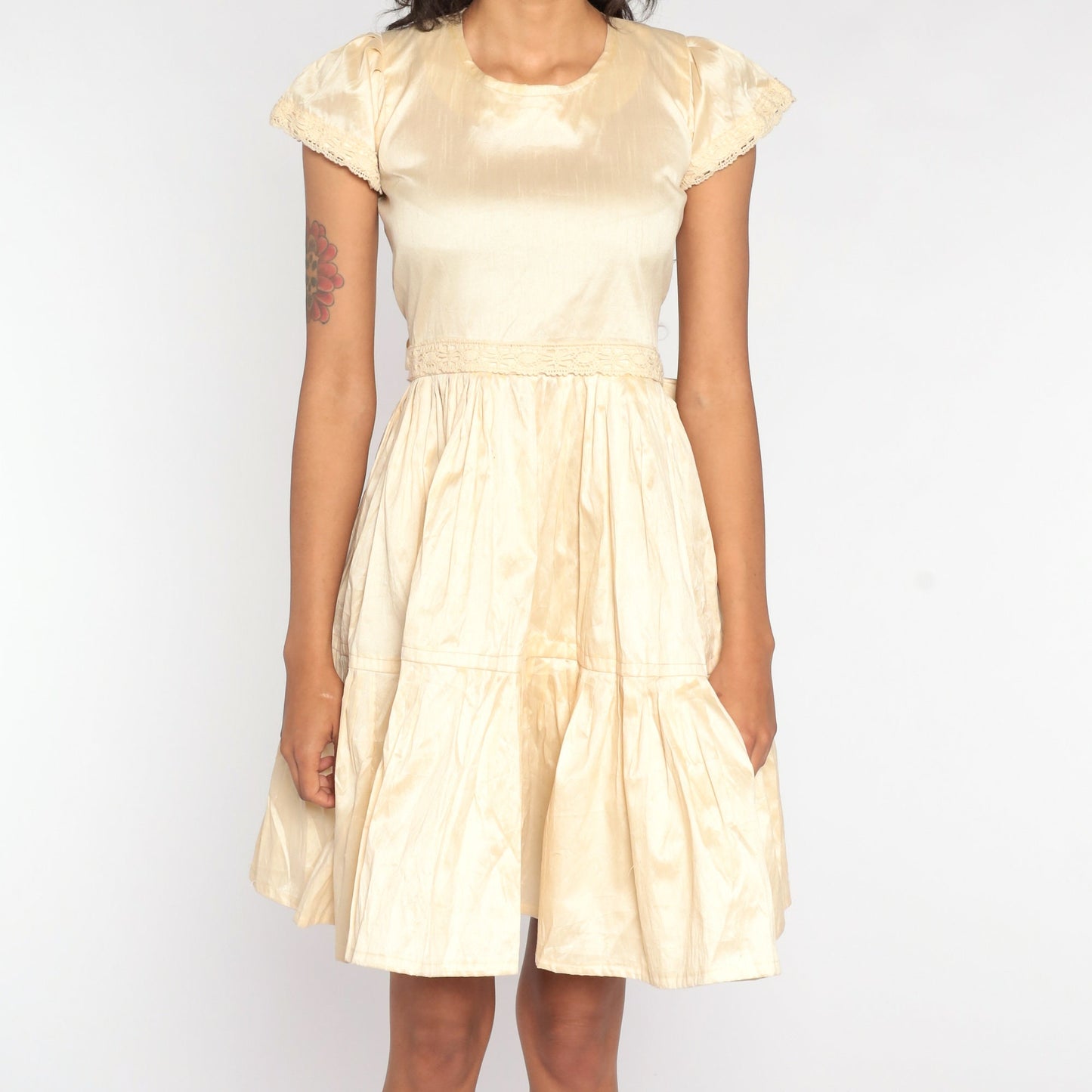 70s Cream Mini Dress Puff Sleeve High Waist Tiered Flounce Small