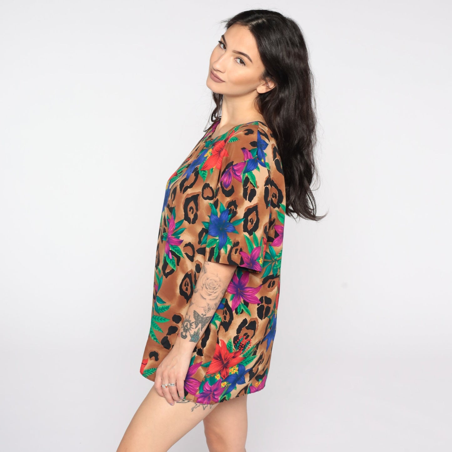 90s Tropical Floral Leopard Print Short Sleeve Blouse Large