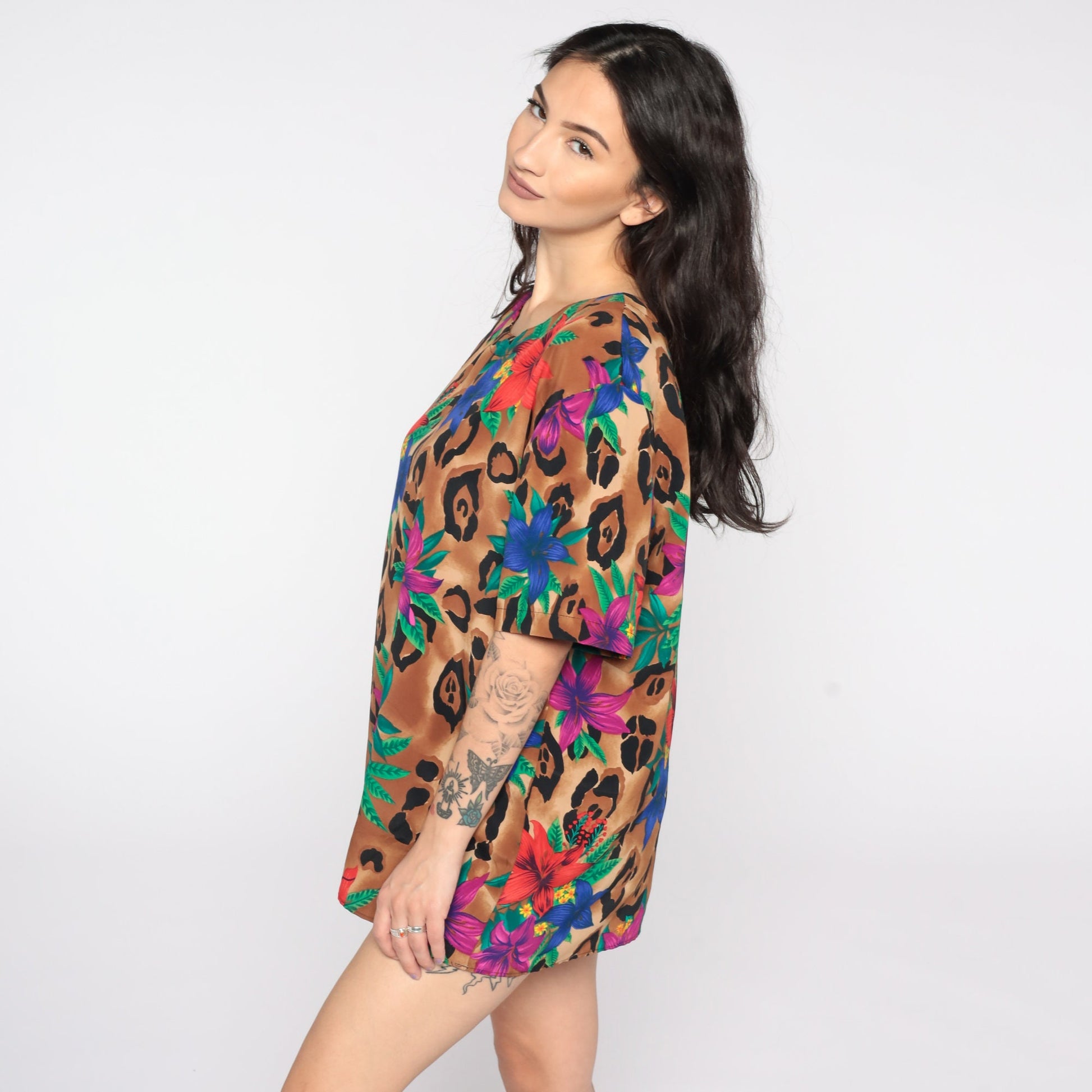 90s Tropical Floral Leopard Print Short Sleeve Blouse Large