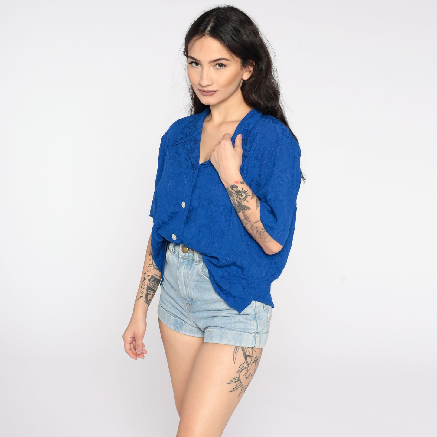 80s Royal Blue Floral Embossed Button-Up Blouse Cutout Back Medium